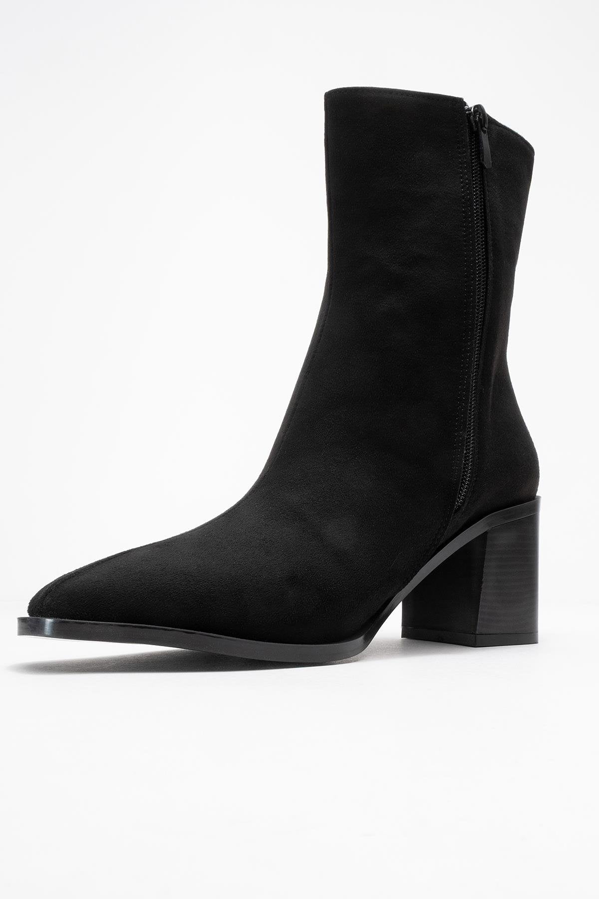 Chara - Black Suede Block Heel Ankle Boot – heel view showing suede, black, Vowalisse