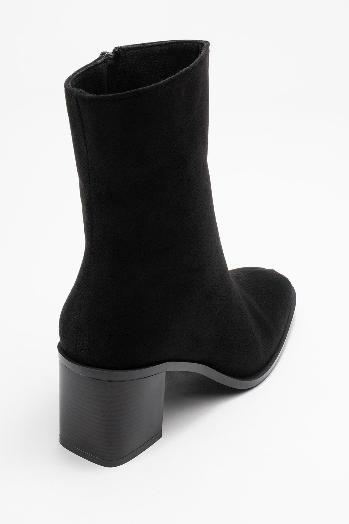 Chara - Black Suede Block Heel Ankle Boot – back view showing suede, black, Vowalisse