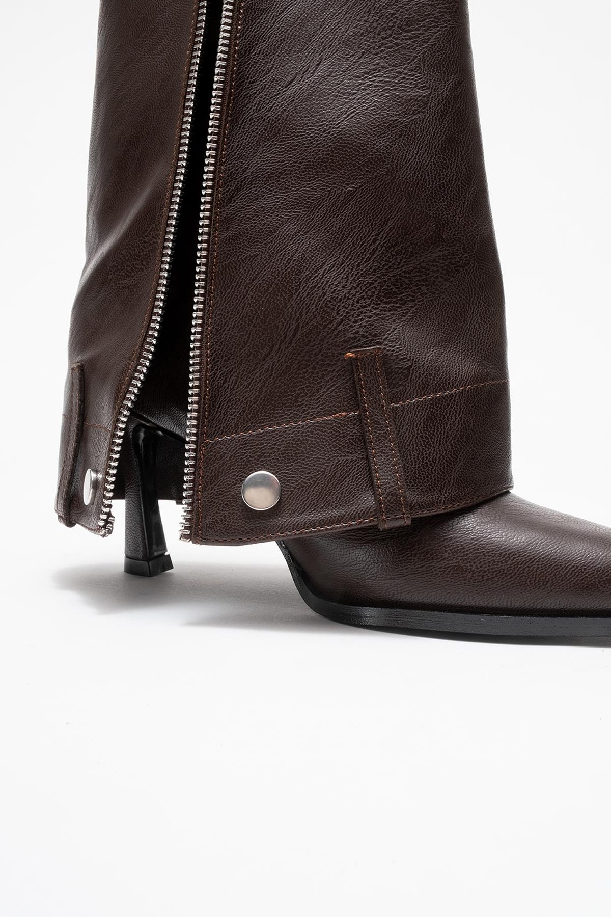 Lola - Brown Zip Pointed Toe Heeled Boot – heel view showing leather, Vowalisse
