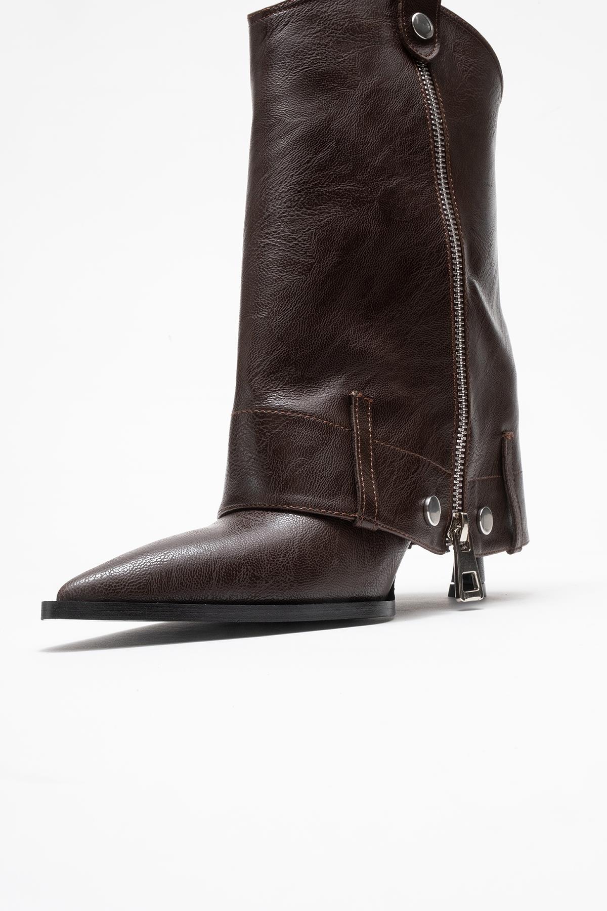 Lola - Brown Zip Pointed Toe Heeled Boot – top view showing leather, Vowalisse