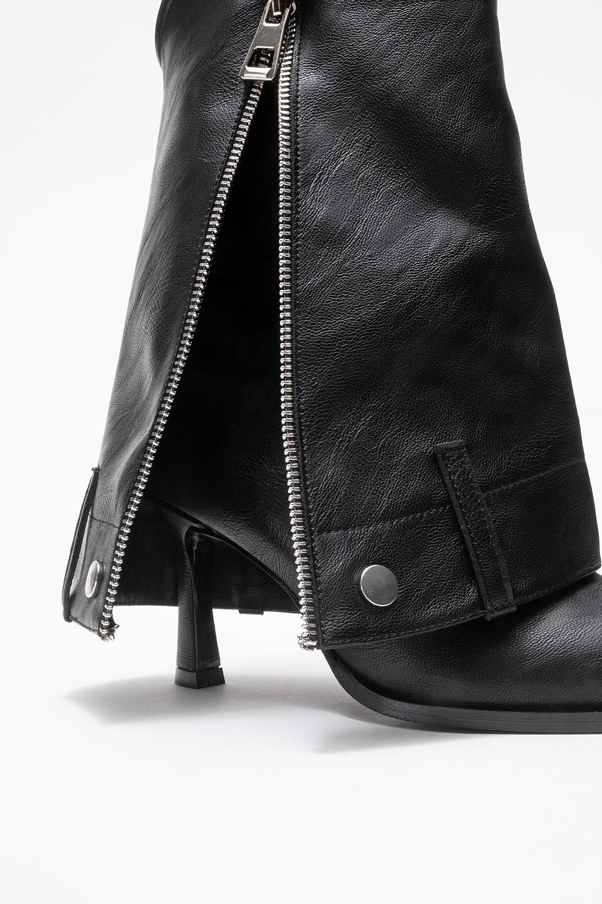 Lola - Black Zip Pointed Toe Heeled Boot – heel view showing leather, metallic, black, Vowalisse