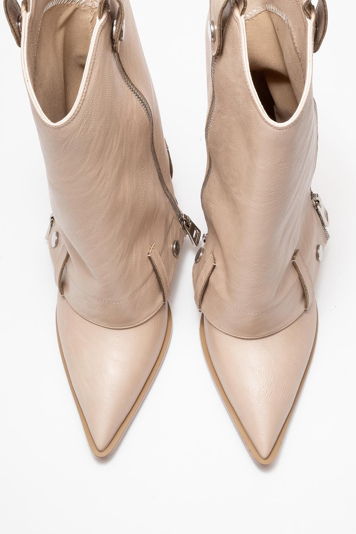 Lola - Beige Zip Pointed Toe Heeled Boot – side view showing leather, Vowalisse