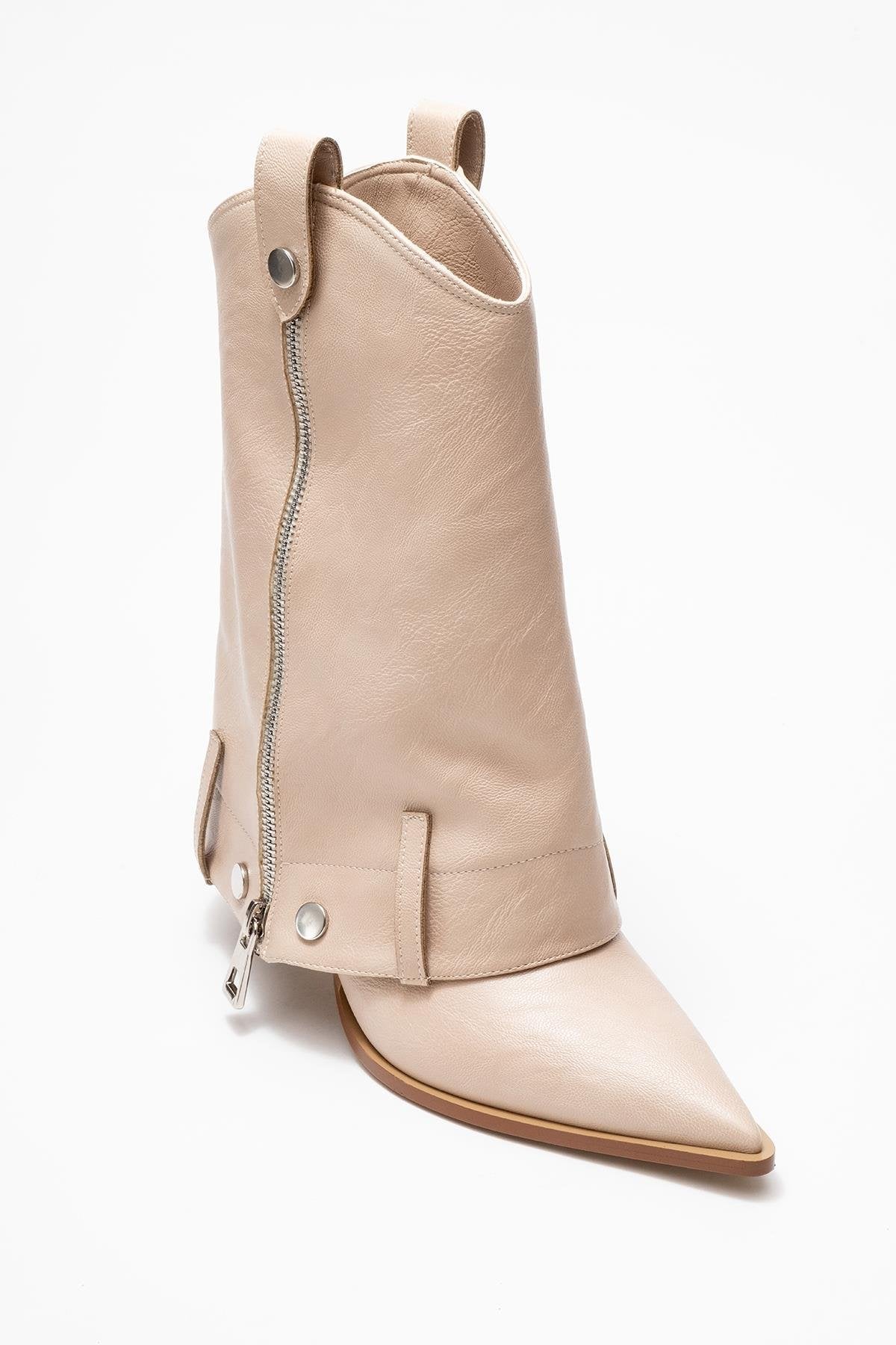 Lola - Beige Zip Pointed Toe Heeled Boot – detail view showing leather, Vowalisse