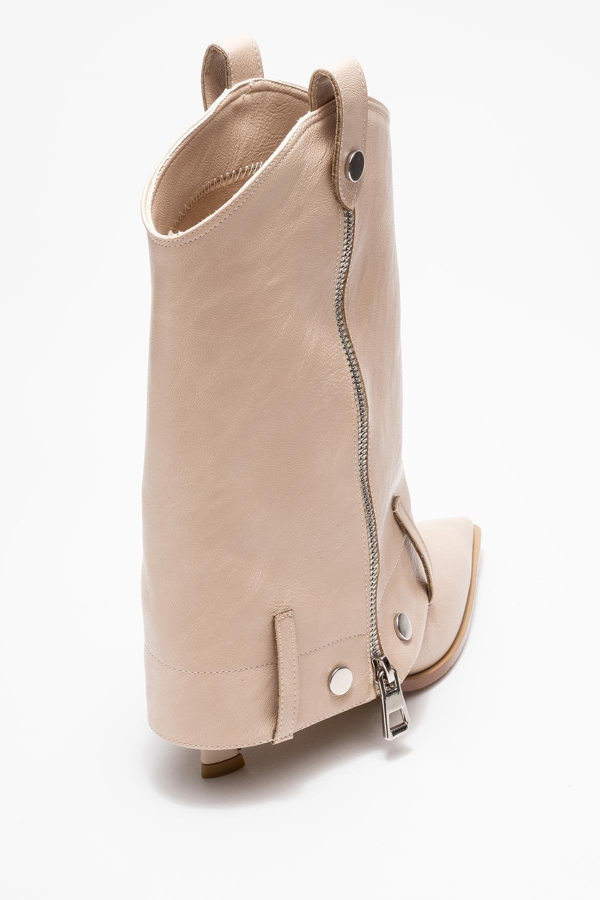 Lola - Beige Zip Pointed Toe Heeled Boot – back view showing leather, Vowalisse