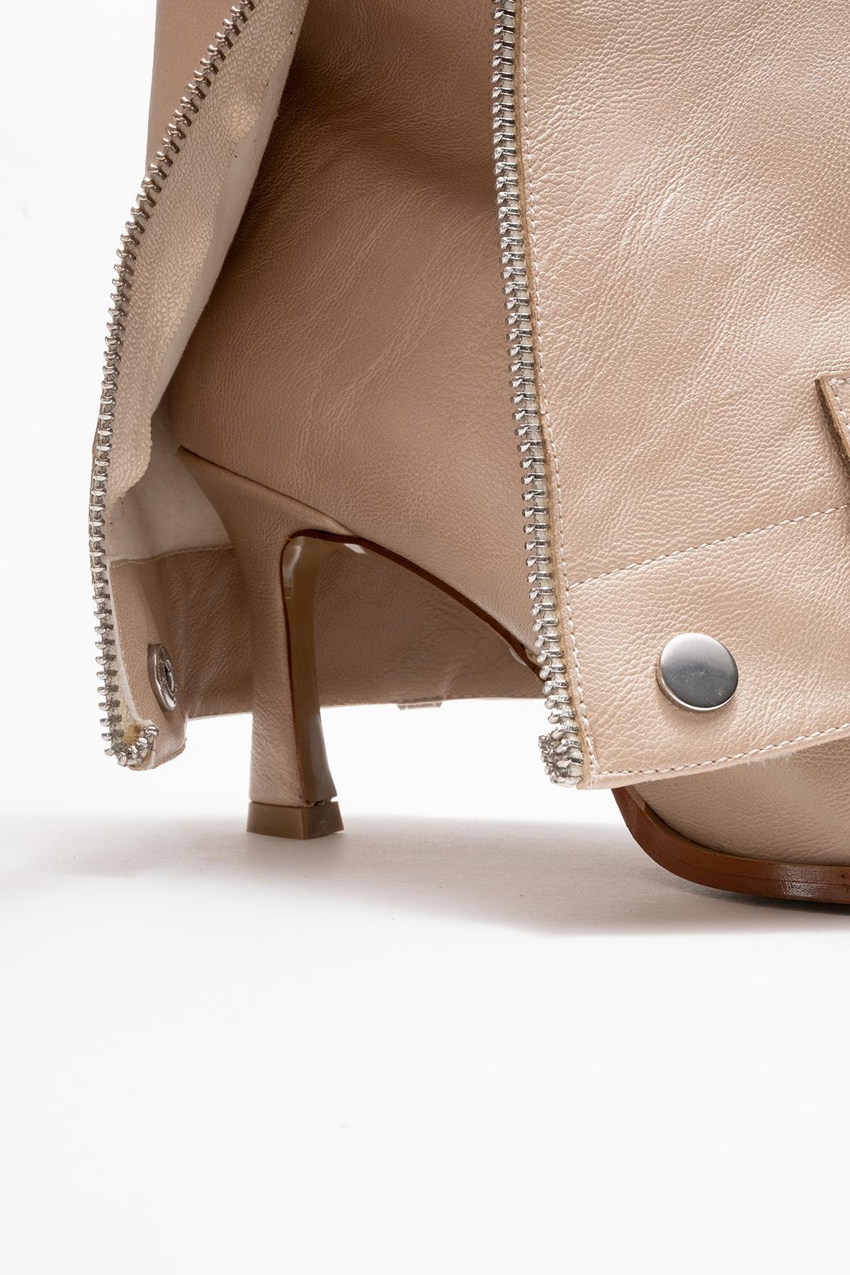 Lola - Beige Zip Pointed Toe Heeled Boot – top view showing leather, Vowalisse
