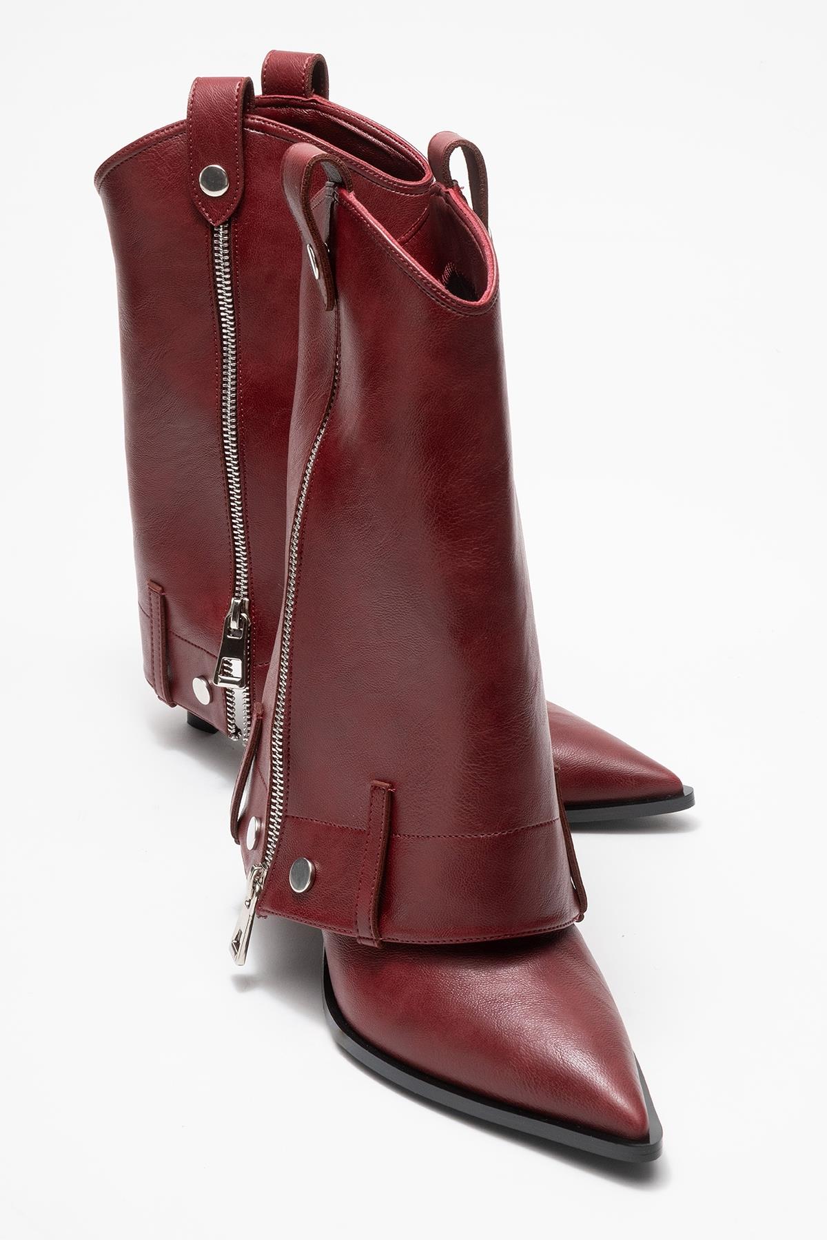 Lola - Burgundy Zip Pointed Toe Heeled Boot – front three-quarter view showing leather, Vowalisse