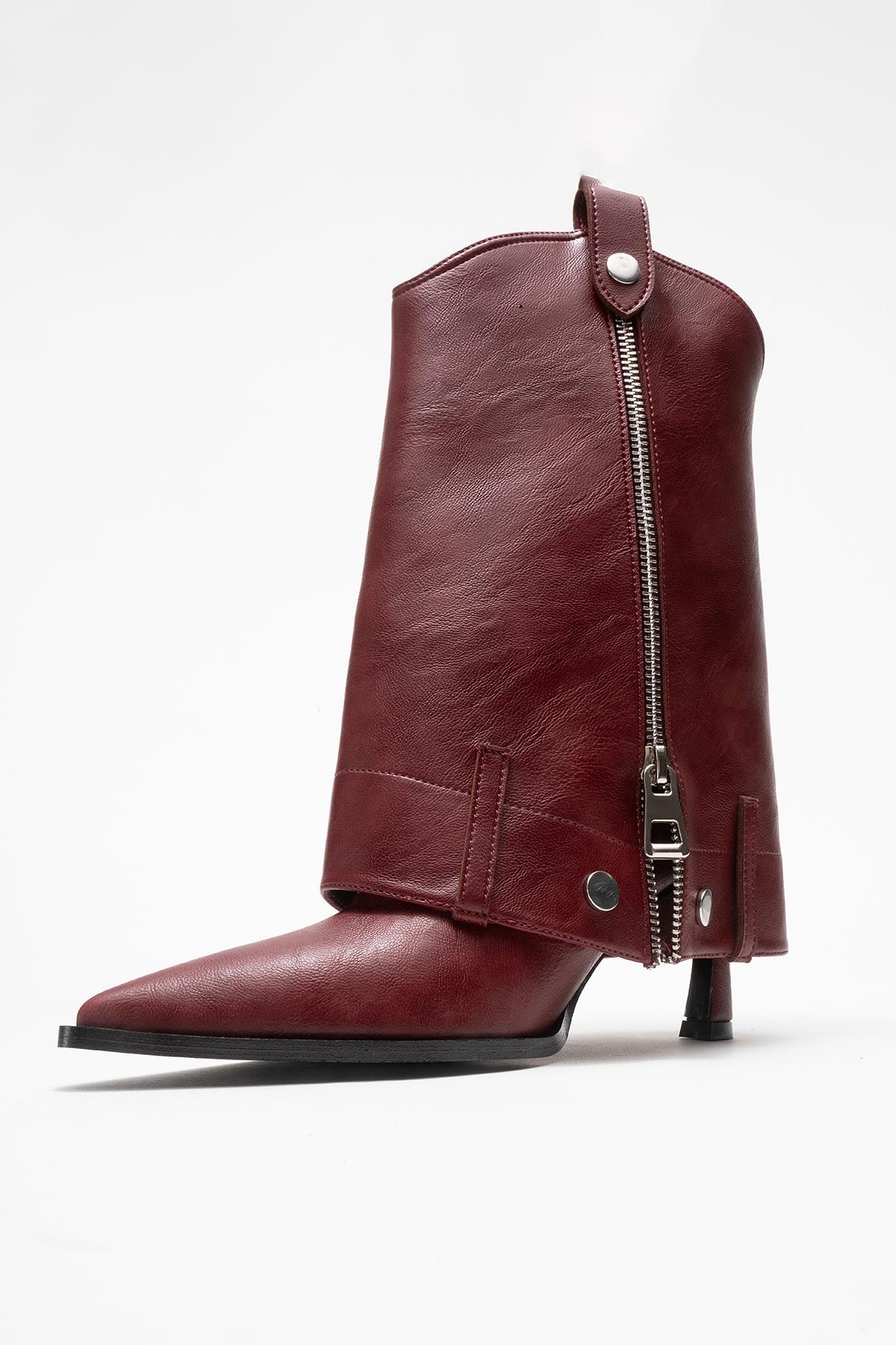 Lola - Burgundy Zip Pointed Toe Heeled Boot – heel view showing leather, Vowalisse