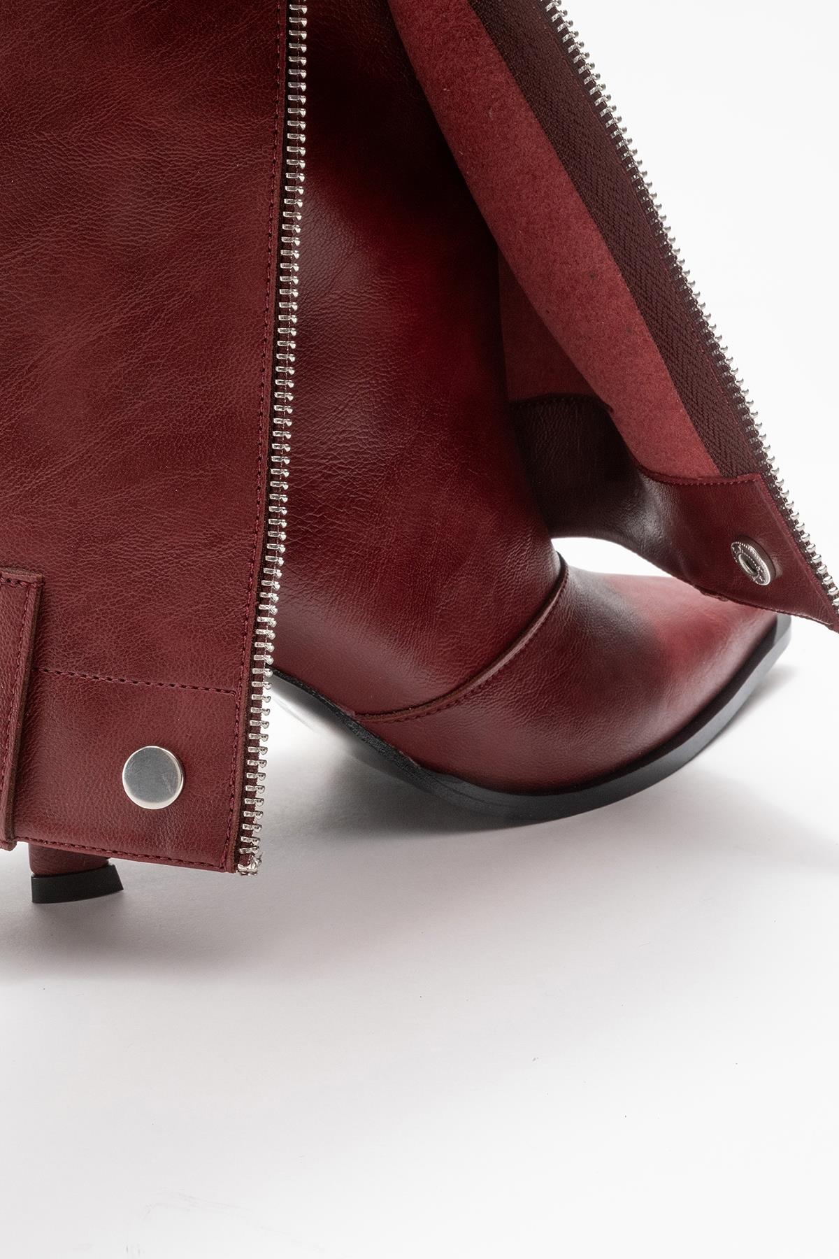 Lola - Burgundy Zip Pointed Toe Heeled Boot – top view showing leather, Vowalisse