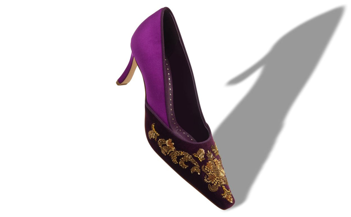Lucienne Rose Purple Embroidered Pumps – front three-quarter view showing purple embroidered, almond toe, satin, velvet…