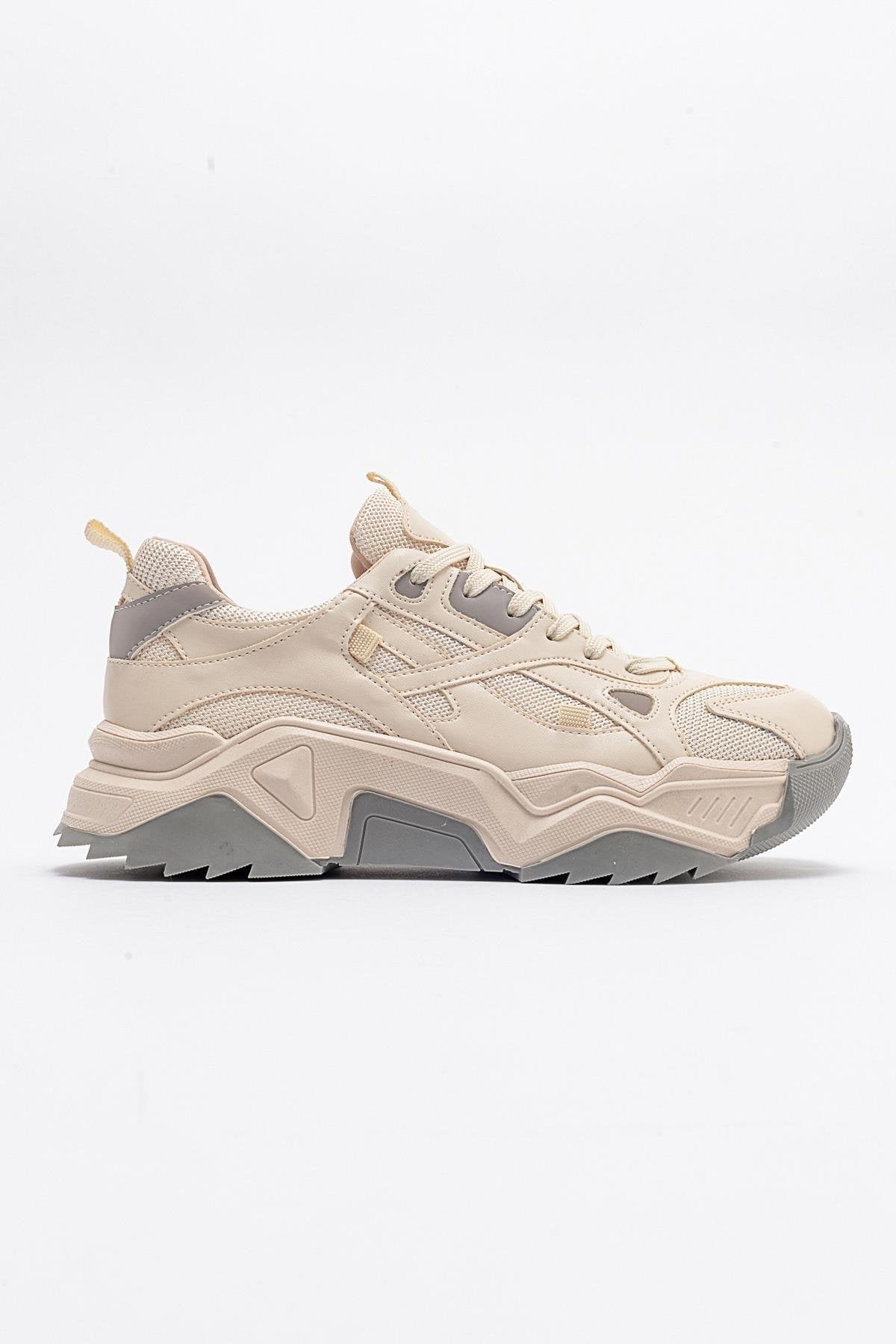 Loretta - Ecru-Grey Sneaker – top view showing leather, Vowalisse