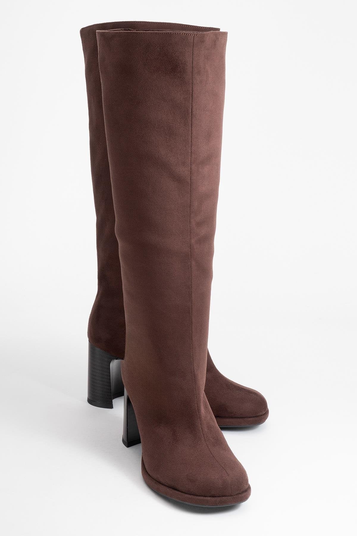 Josette - Brown Block Heel Knee-High Boot – front three-quarter view showing suede, Vowalisse