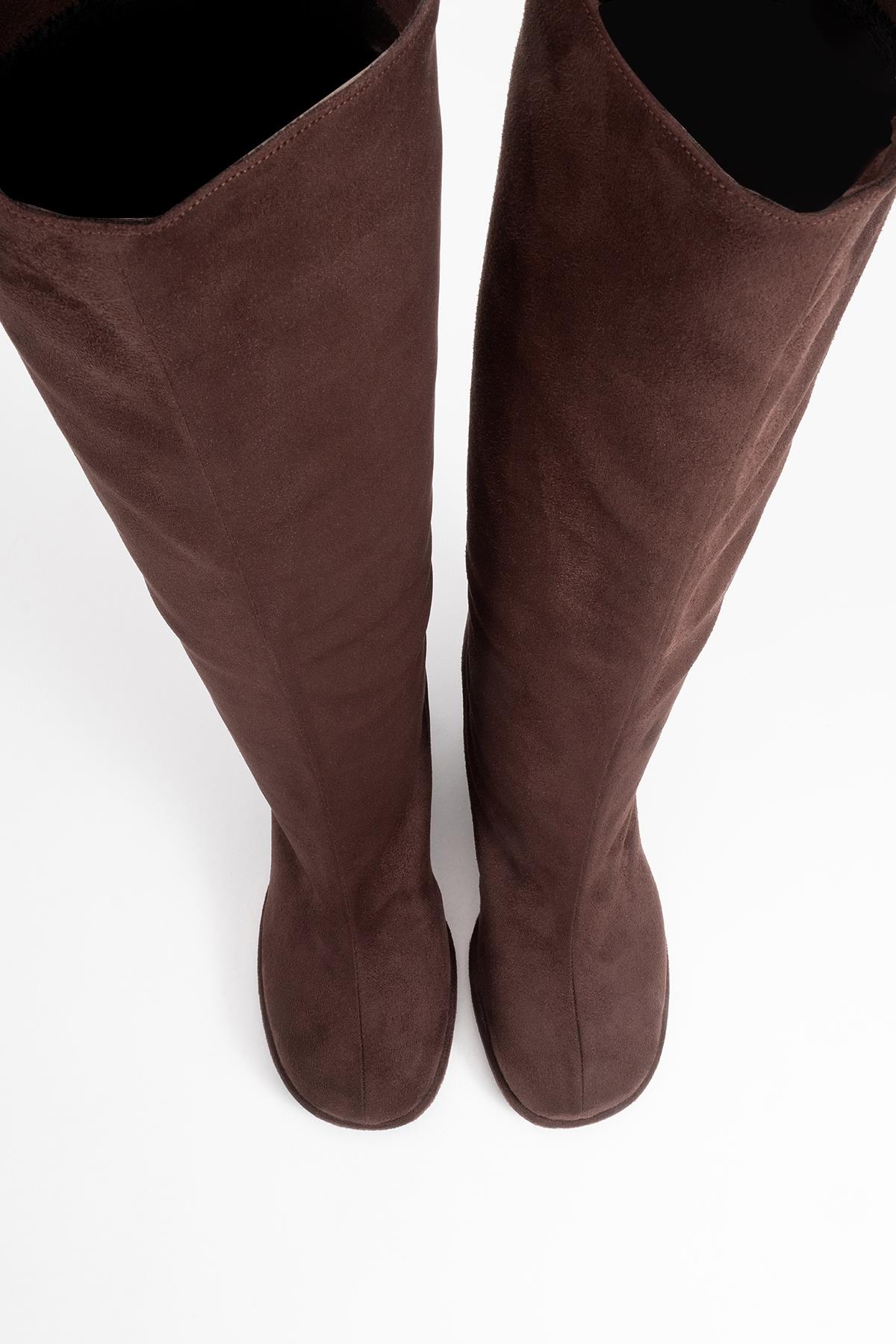 Josette - Brown Block Heel Knee-High Boot – side view showing suede, Vowalisse