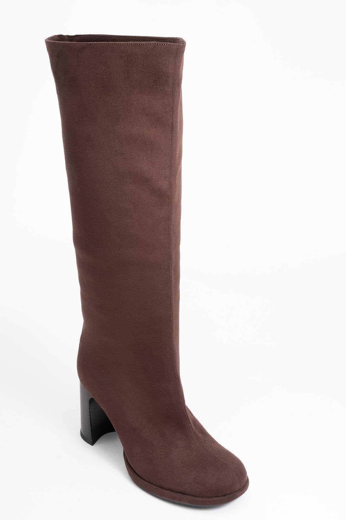 Josette - Brown Block Heel Knee-High Boot – detail view showing suede, Vowalisse