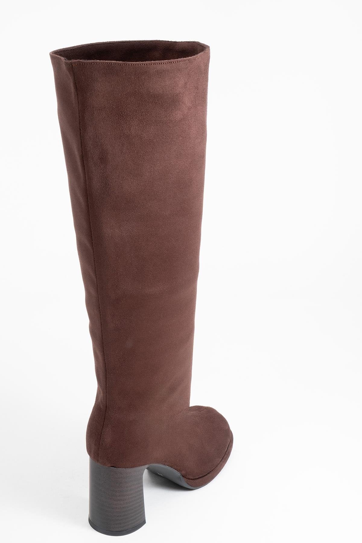 Josette - Brown Block Heel Knee-High Boot – back view showing suede, Vowalisse