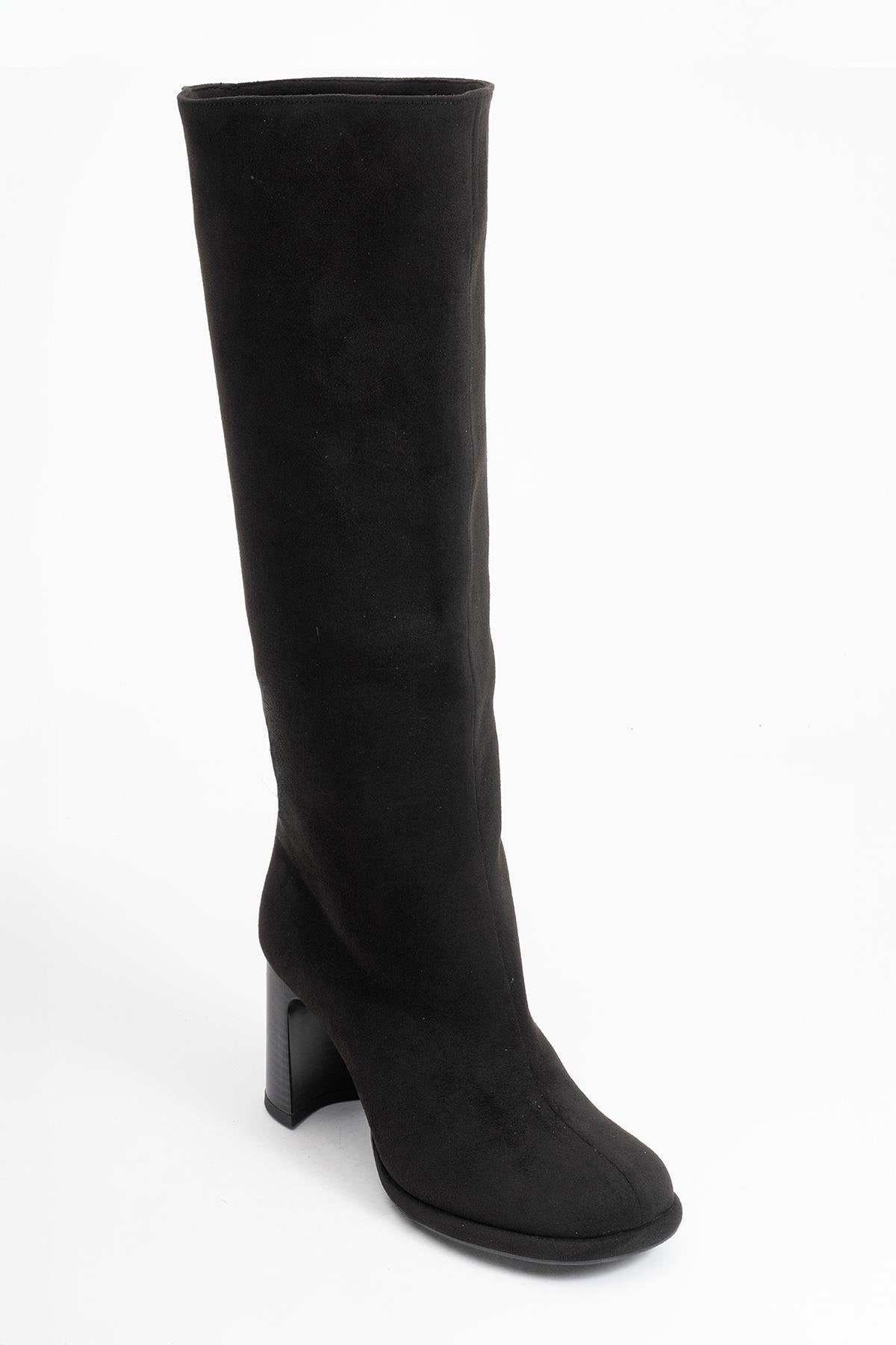 Josette - Black Block Heel Knee-High Boot – detail view showing suede, black, Vowalisse