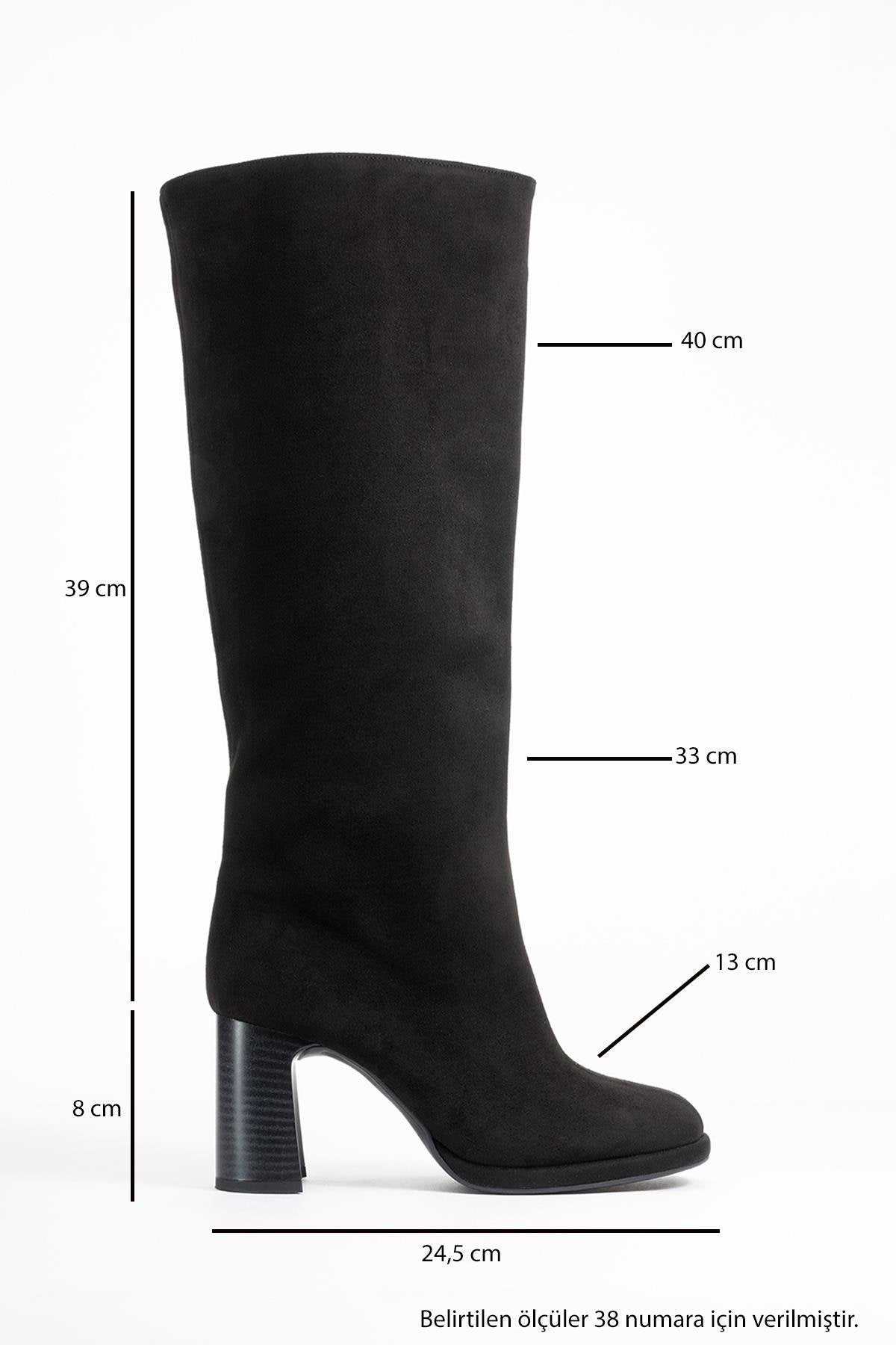 Josette - Black Block Heel Knee-High Boot – top view showing suede, black, Vowalisse