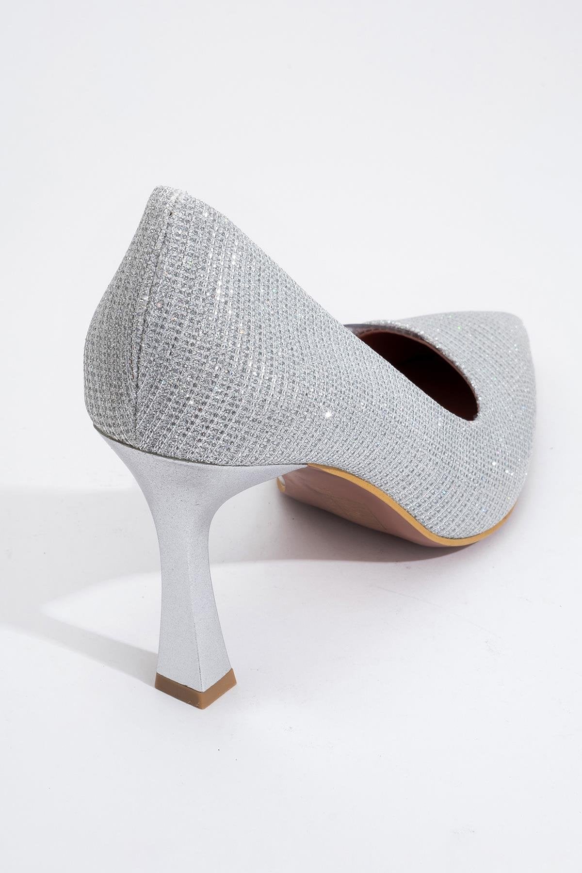 Ursula - Silver Metallic Heeled Shoe – detail view showing leather, metallic, silver, Vowalisse