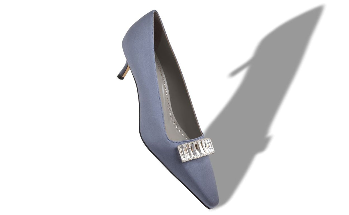 Magnolia Muse Blue Crystal Embellished Pumps – front three-quarter view showing blue crystal embellished, almond toe, satin…