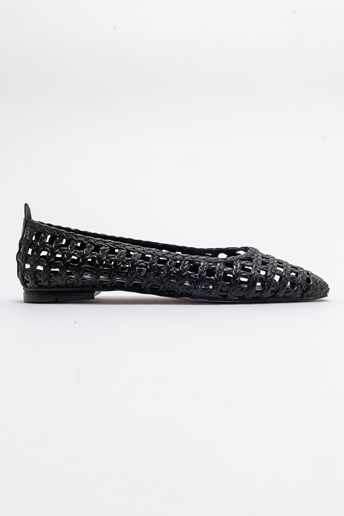 Arcola - Black Knitted Pattern Ballet Flat – top view showing leather, black, Vowalisse