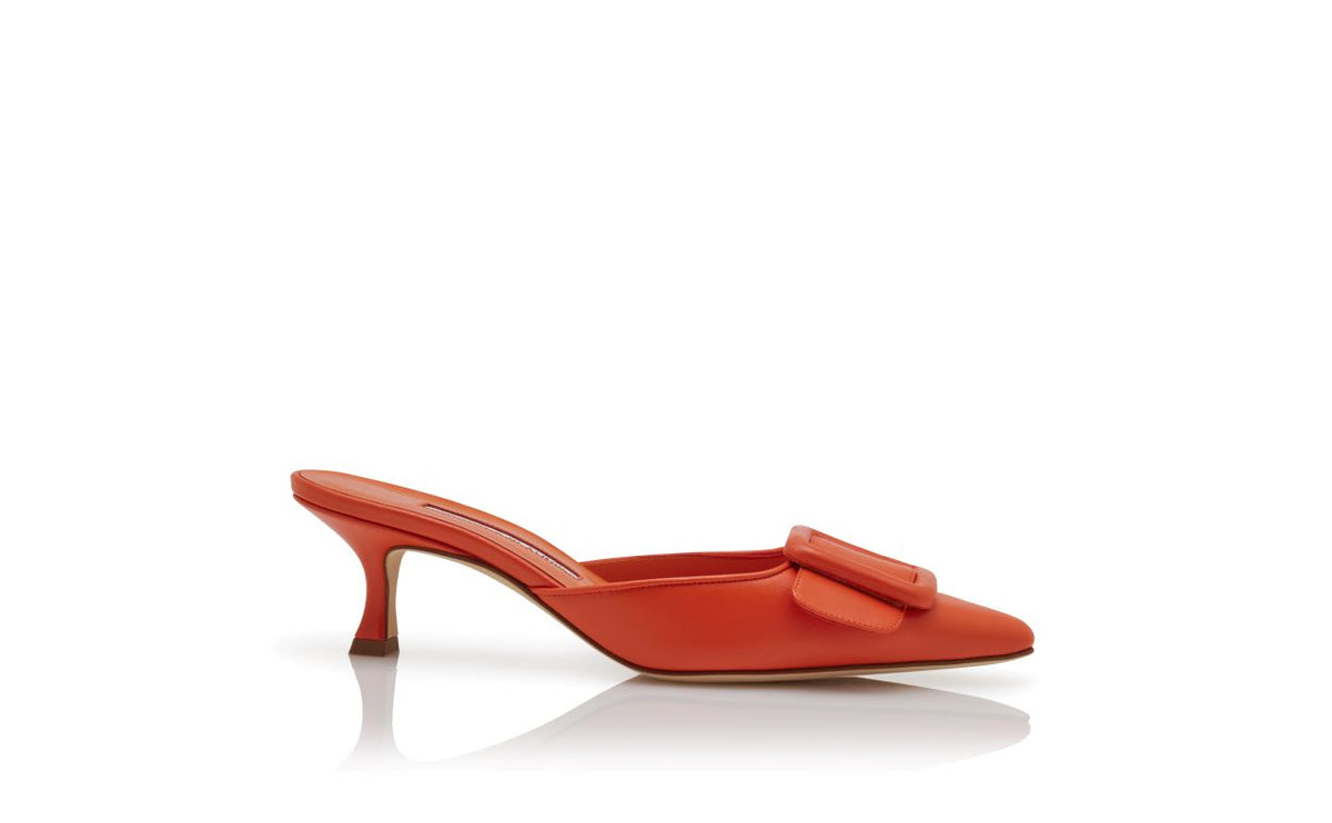 Elara Rose Orange Pointed Toe Mules – side profile showing orange pointed toe, nappa leather, Vowalisse