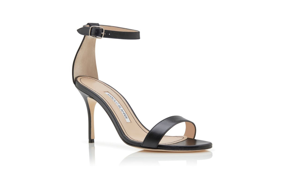 Seraphina Flame Black Ankle Strap Ankle-Strap Shoes – top view showing black ankle strap, open toe, nappa leather…