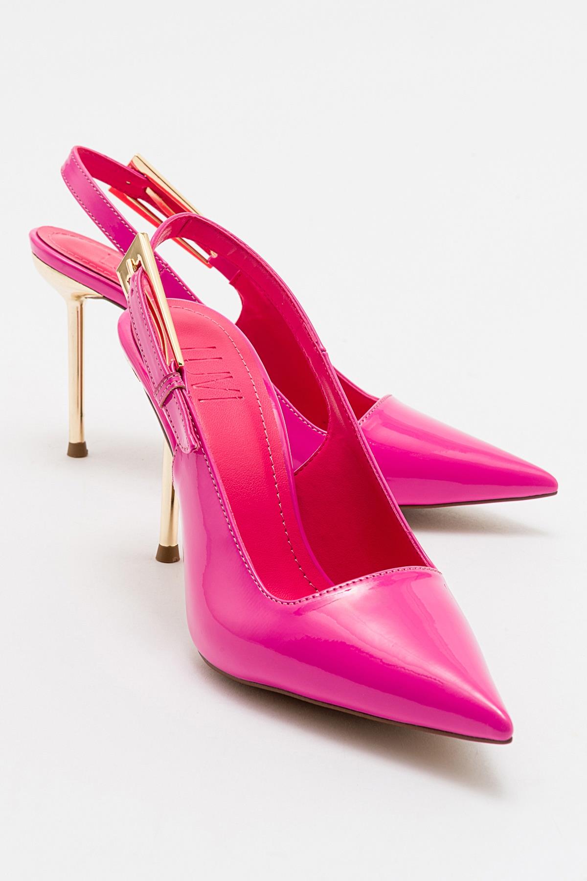 Labin - Fuchsia Patent Buckled High Heel Shoe – front three-quarter view showing leather, Vowalisse