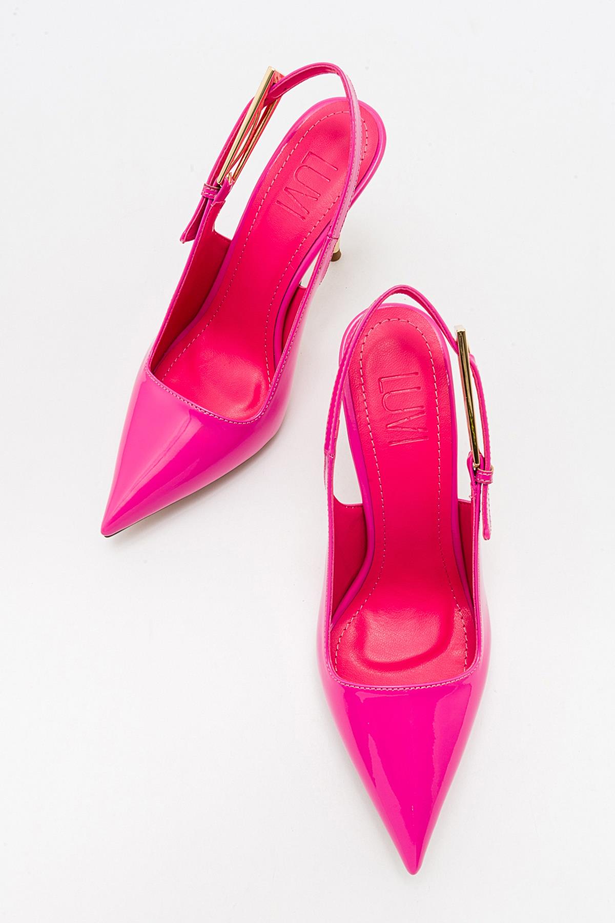 Labin - Fuchsia Patent Buckled High Heel Shoe – detail view showing leather, Vowalisse