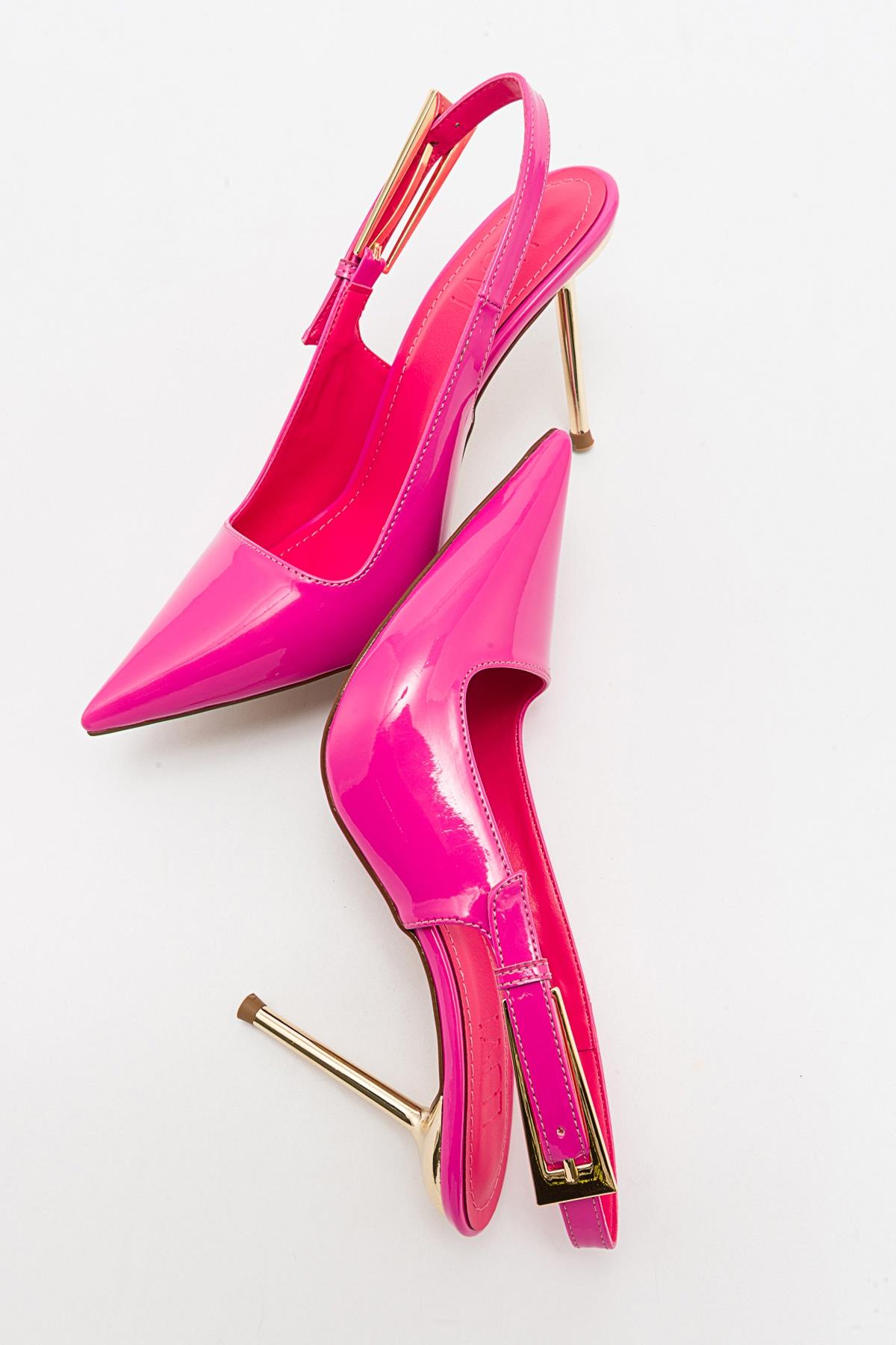 Labin - Fuchsia Patent Buckled High Heel Shoe – back view showing leather, Vowalisse