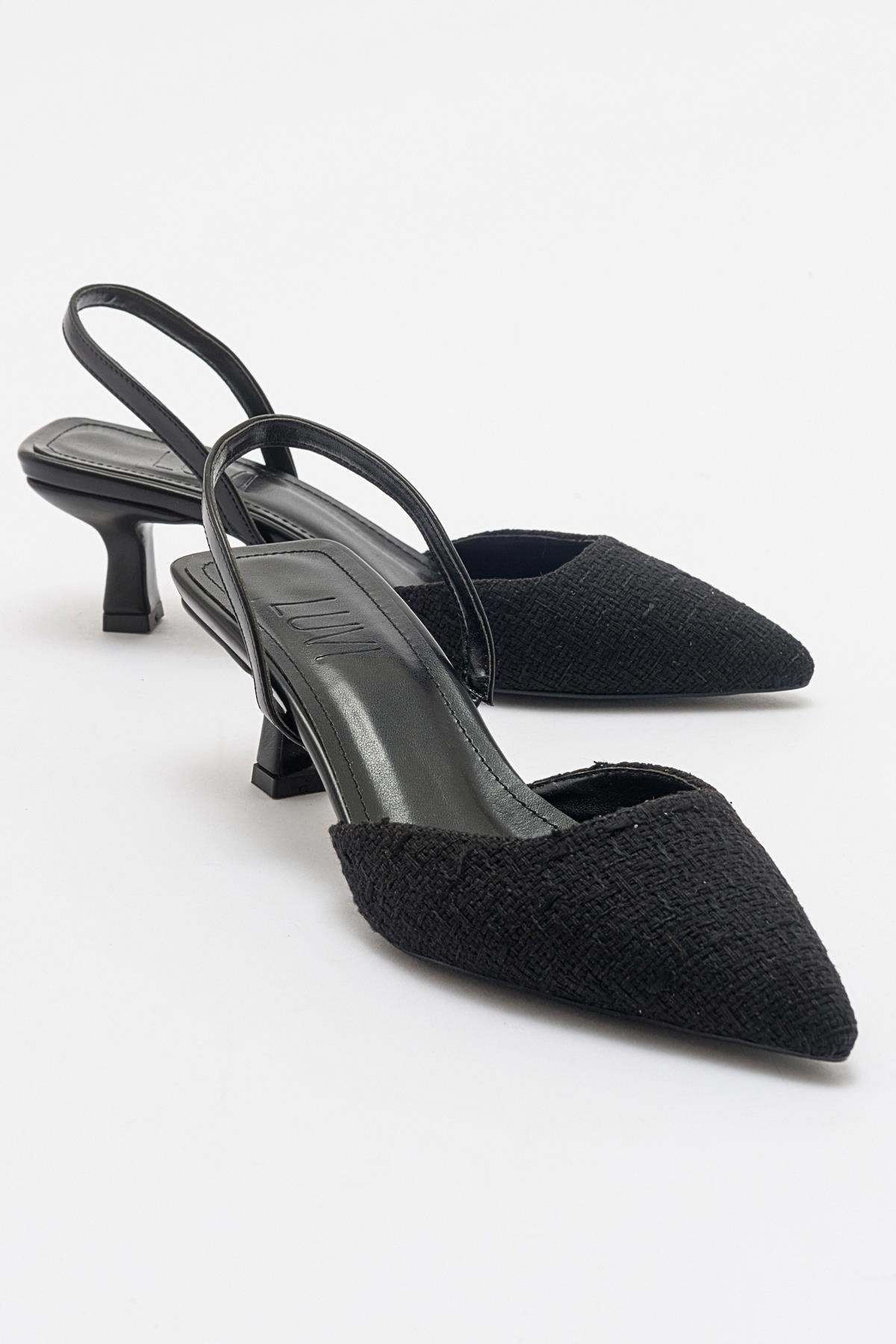 Over - Black Tweed Pointed Toe Low Heel Shoe – front three-quarter view showing leather, black, Vowalisse