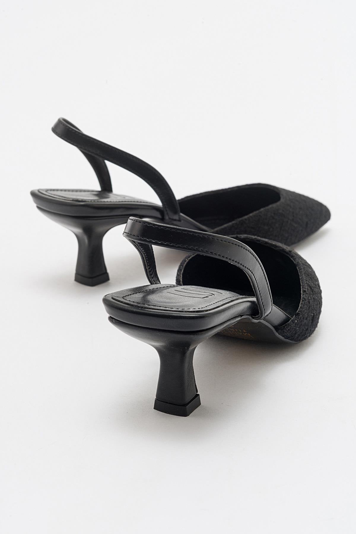 Over - Black Tweed Pointed Toe Low Heel Shoe – side view showing leather, black, Vowalisse