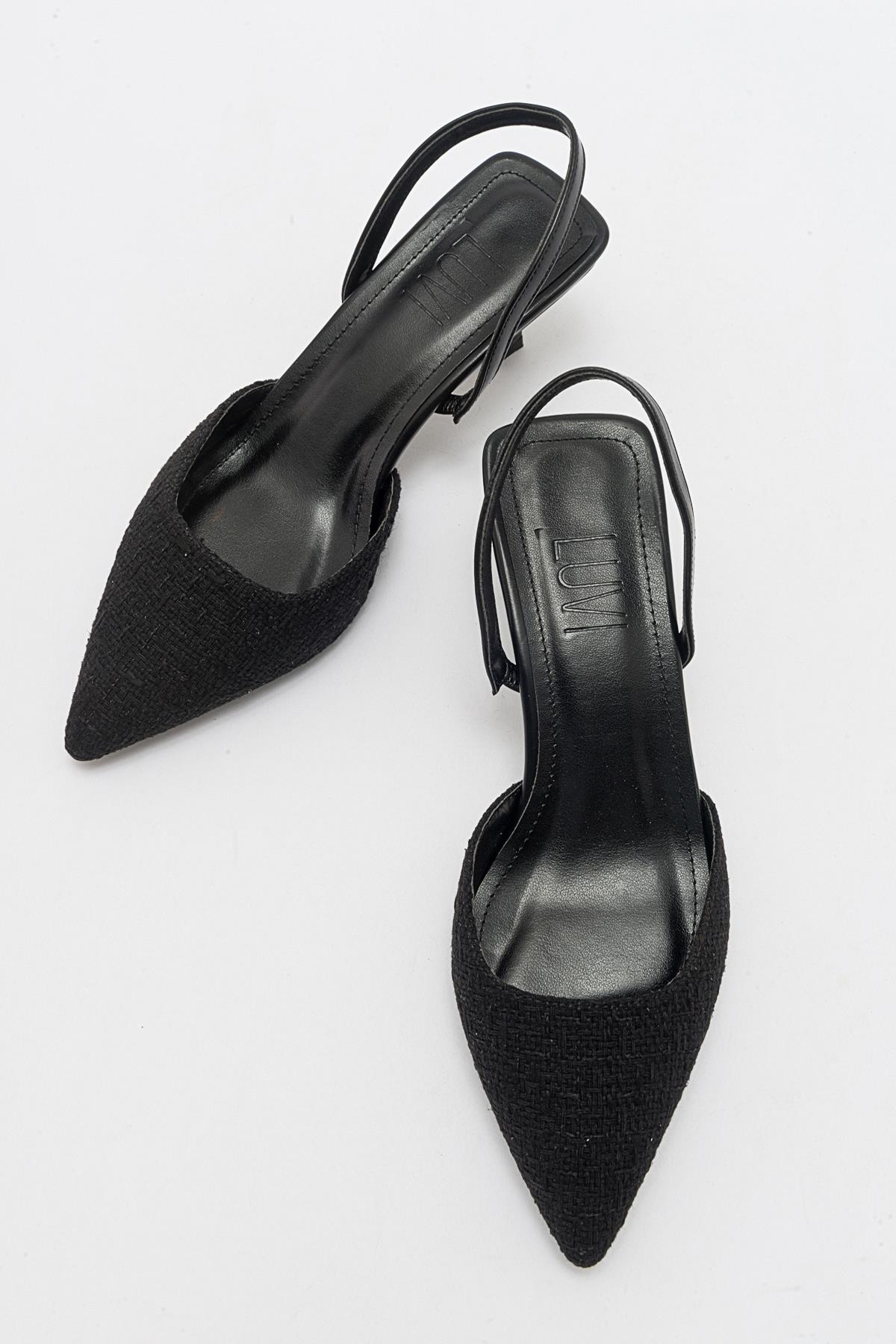 Over - Black Tweed Pointed Toe Low Heel Shoe – detail view showing leather, black, Vowalisse