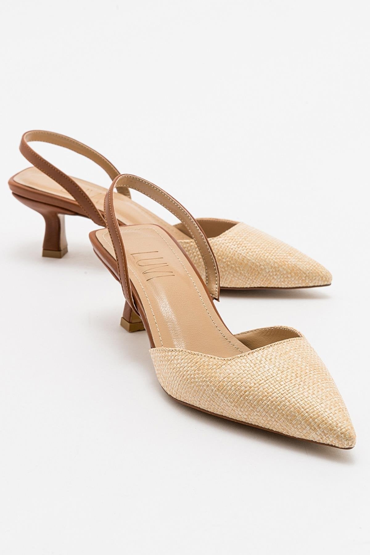 Over - Beige/Tan Pointed Toe Low Heel Shoe – front three-quarter view showing leather, Vowalisse