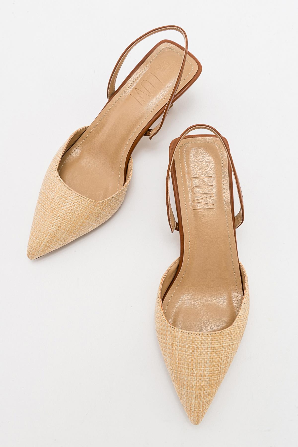 Over - Beige/Tan Pointed Toe Low Heel Shoe – detail view showing leather, Vowalisse