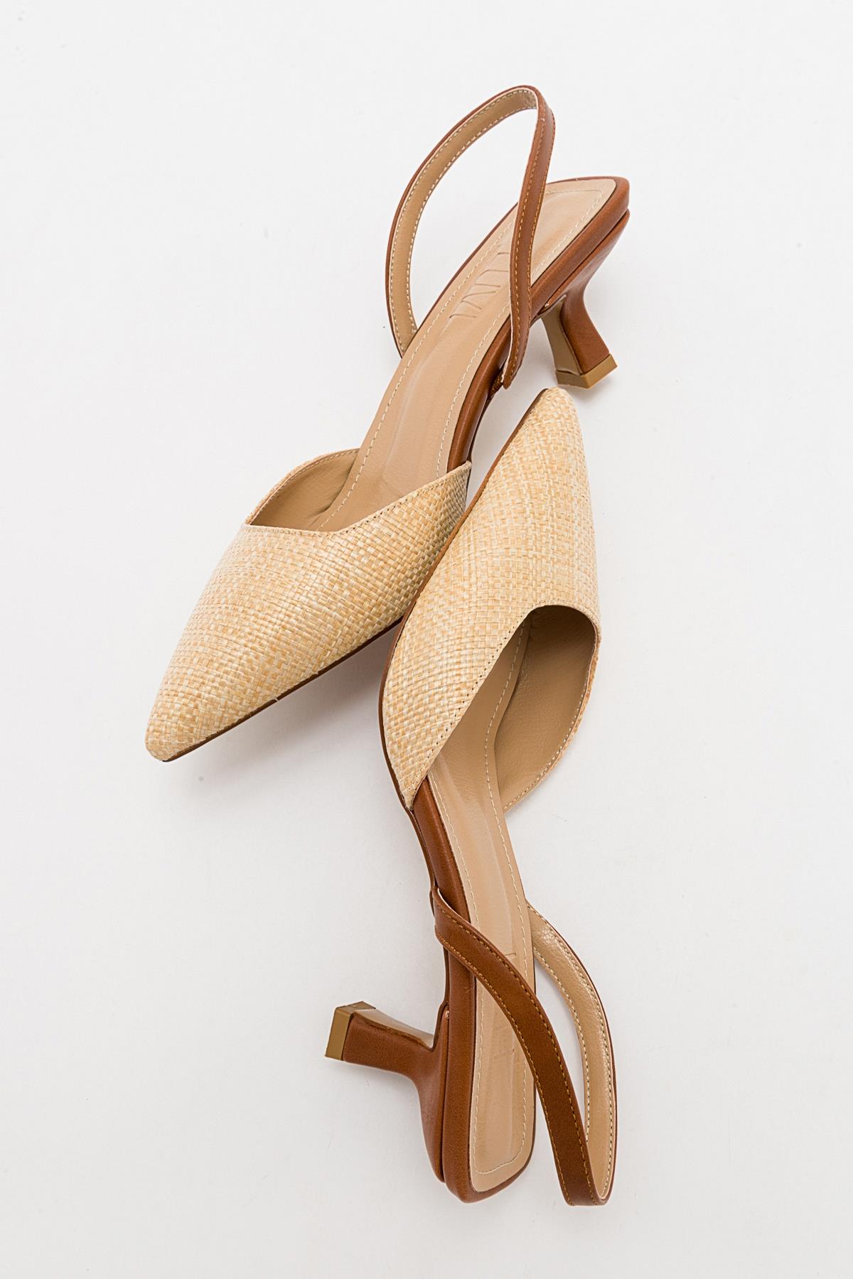 Over - Beige/Tan Pointed Toe Low Heel Shoe – heel view showing leather, Vowalisse