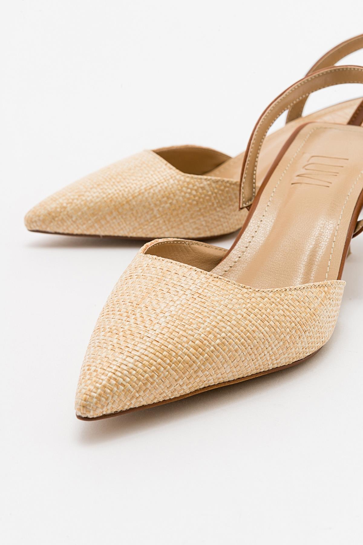 Over - Beige/Tan Pointed Toe Low Heel Shoe – back view showing leather, Vowalisse