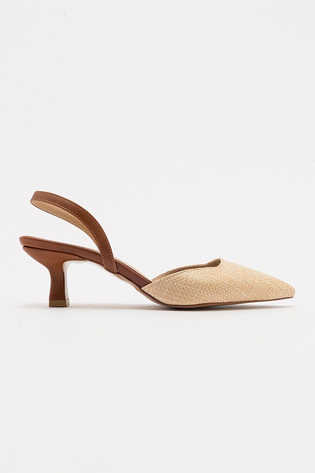 Over - Beige/Tan Pointed Toe Low Heel Shoe – top view showing leather, Vowalisse