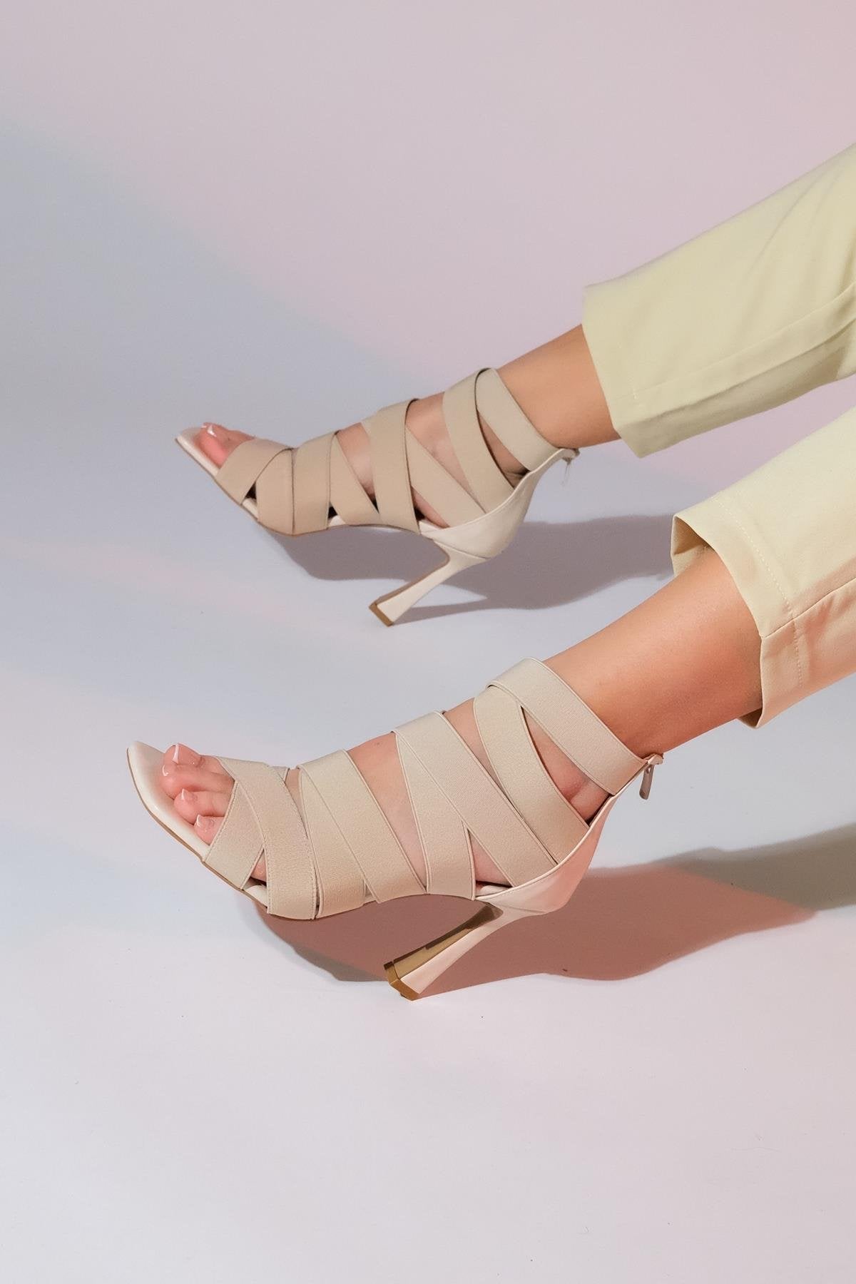 Vejle - Beige Open-Toe Stiletto – heel view showing leather, Vowalisse