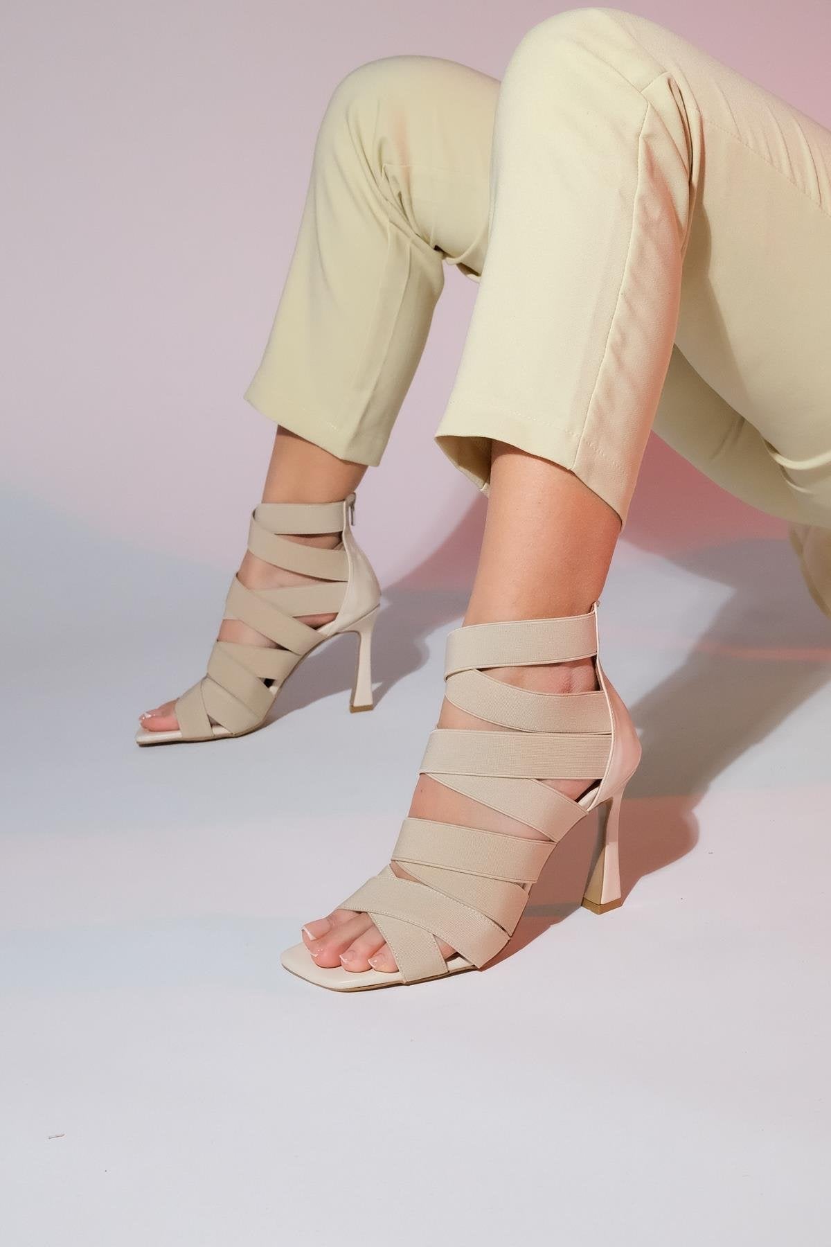 Vejle - Beige Open-Toe Stiletto – back view showing leather, Vowalisse