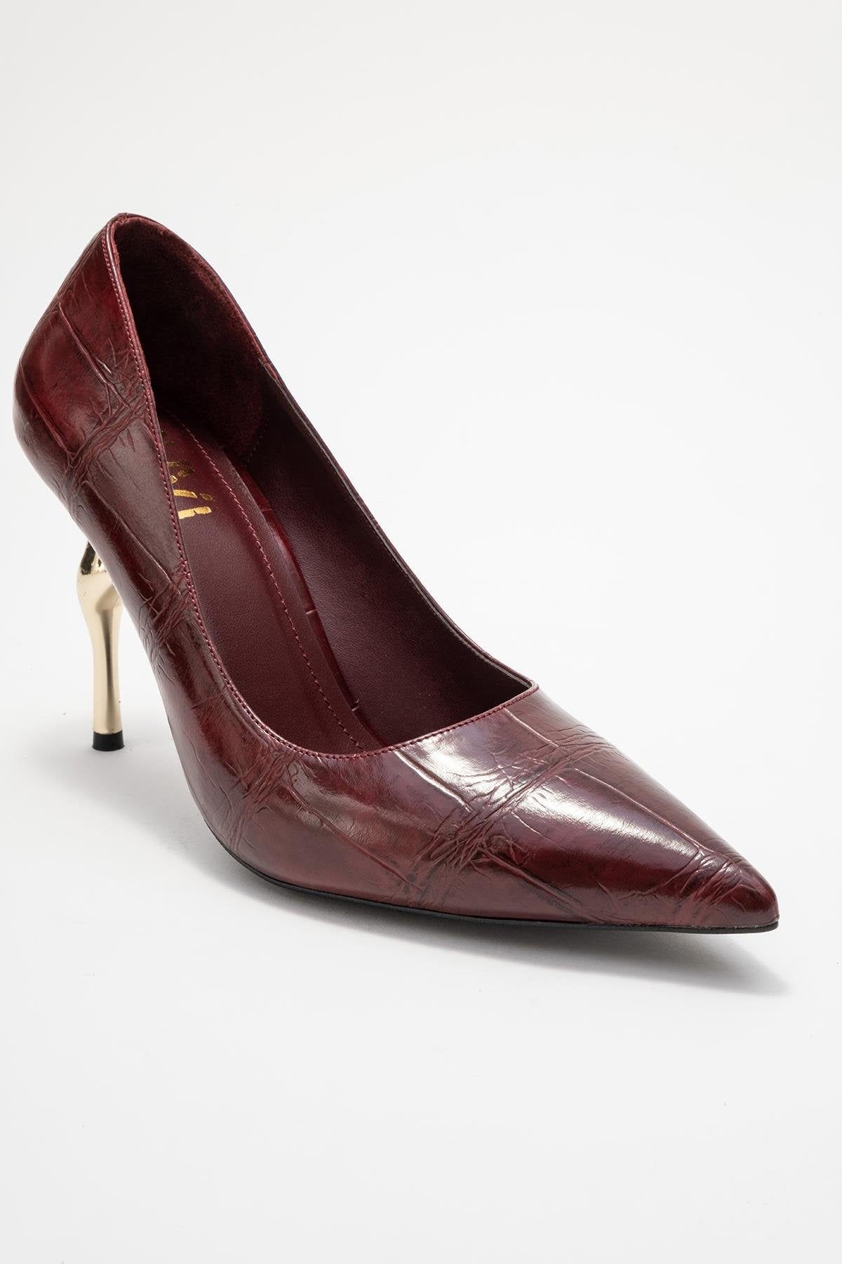 Hudson - Burgundy Stiletto Heel Shoe – detail view showing leather, Vowalisse