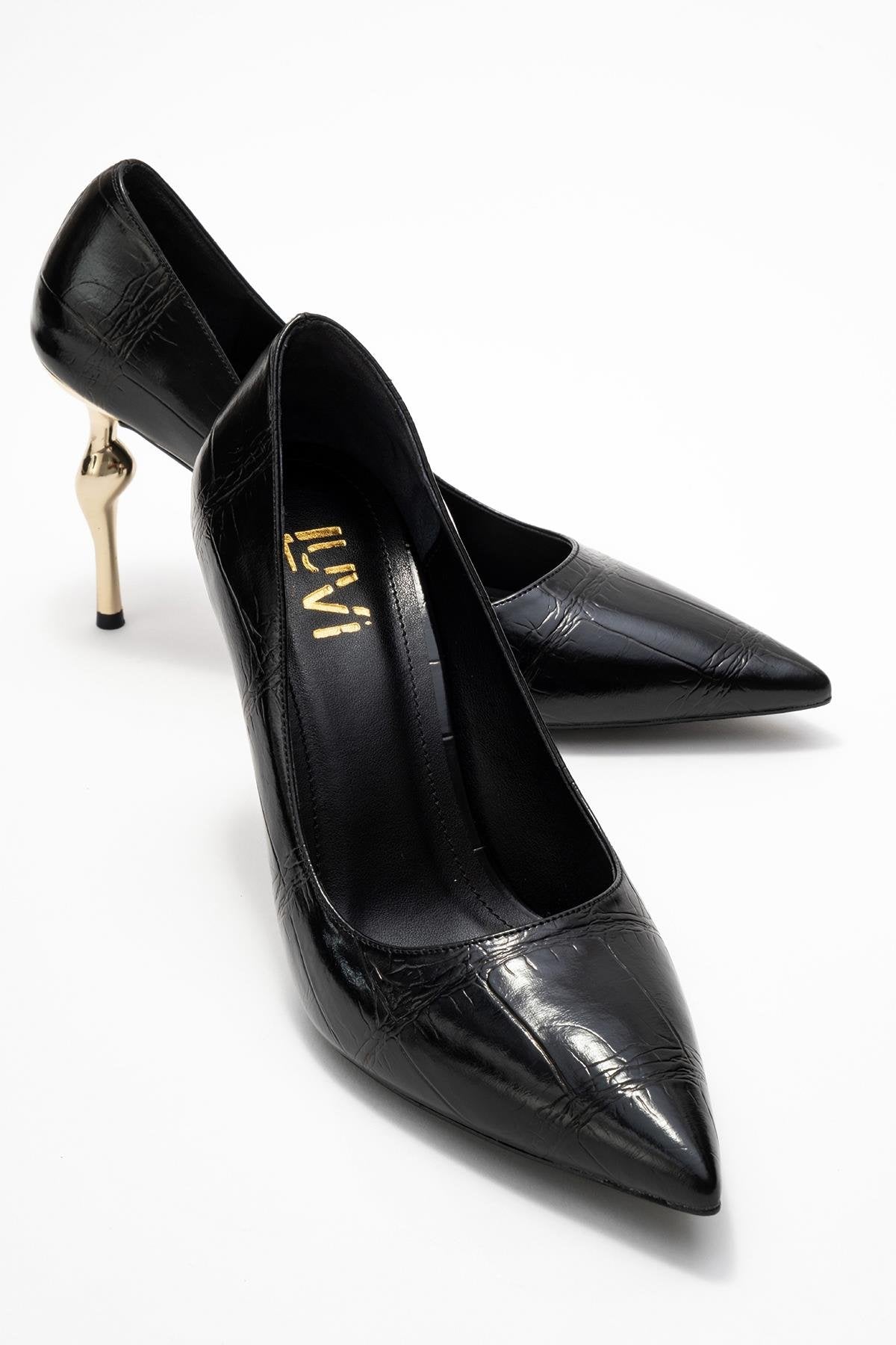 Hudson - Black Stiletto Heel Shoe – front three-quarter view showing leather, black, Vowalisse