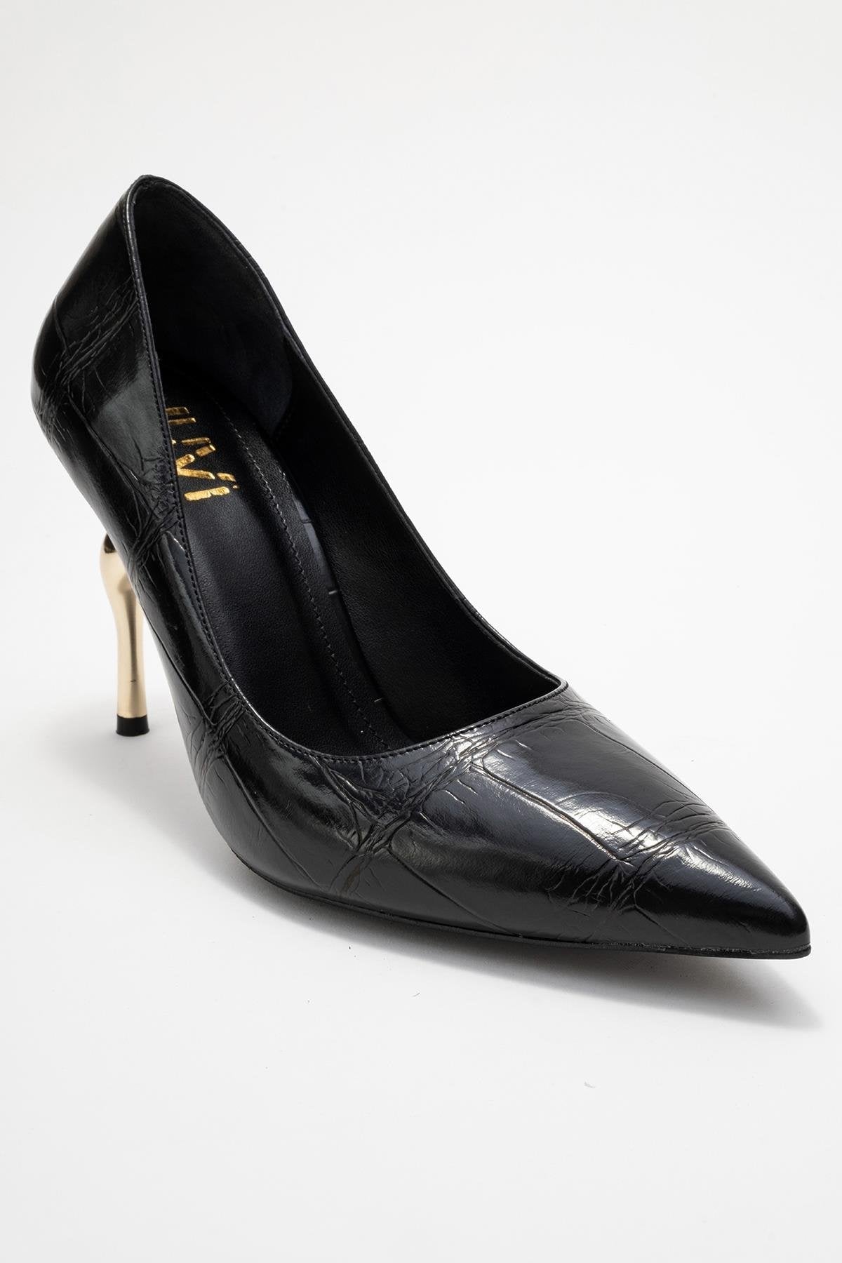 Hudson - Black Stiletto Heel Shoe – detail view showing leather, black, Vowalisse