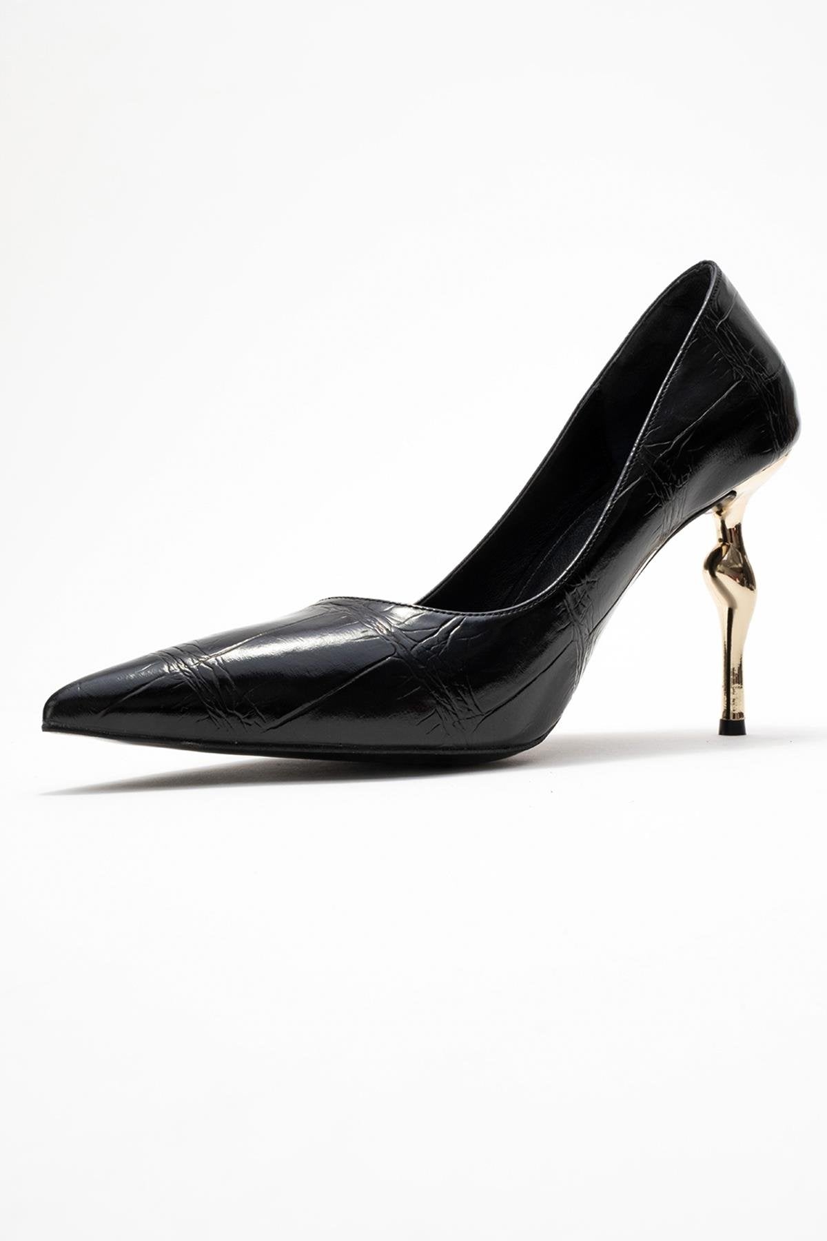 Hudson - Black Stiletto Heel Shoe – heel view showing leather, black, Vowalisse