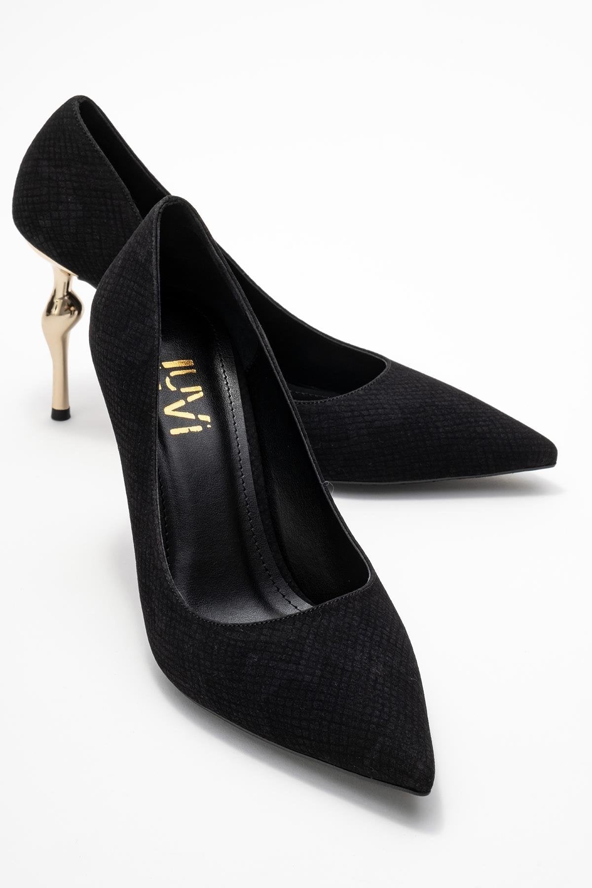 Hudson - Black Patterned Pump – front three-quarter view showing leather, metallic, black, Vowalisse