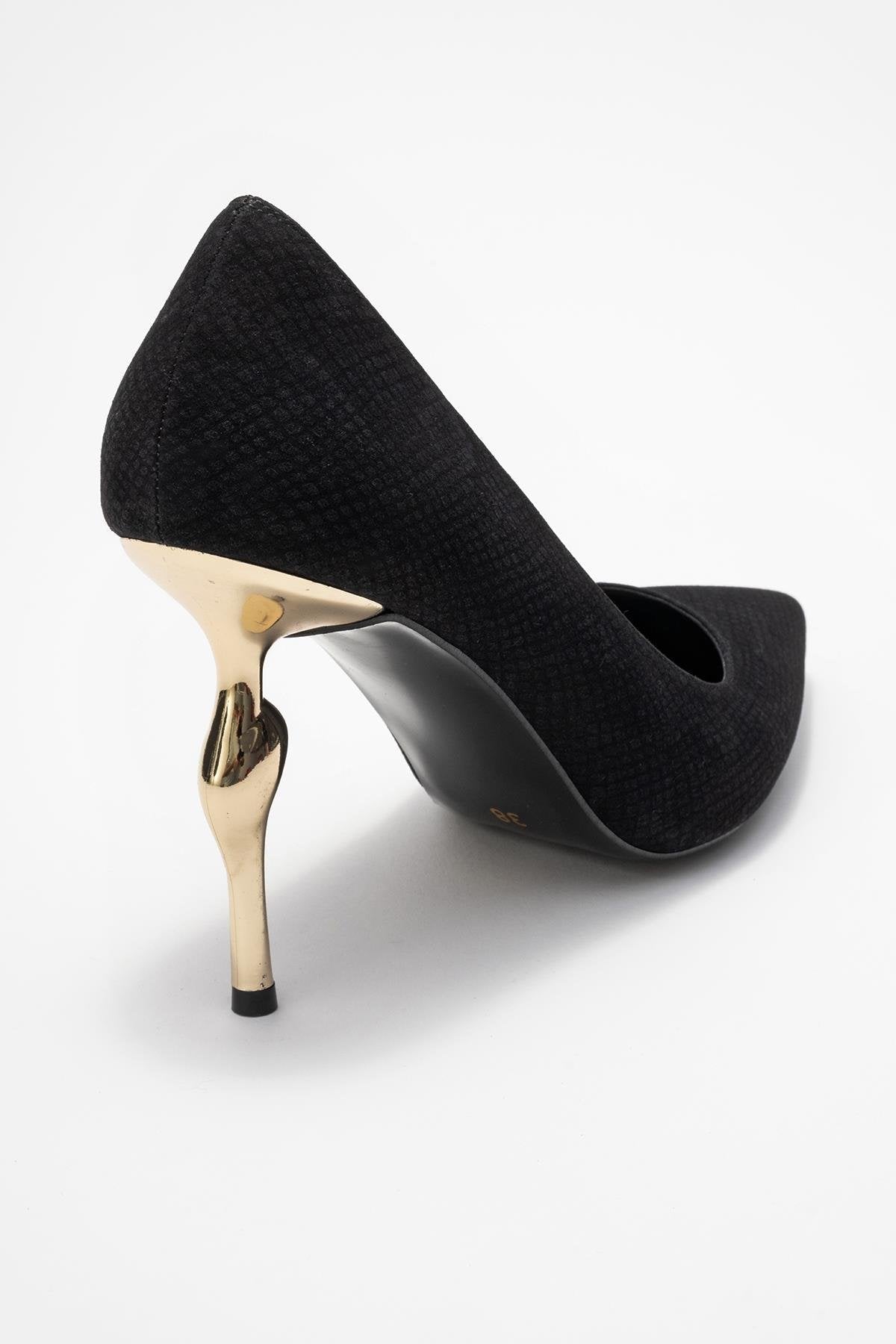 Hudson - Black Patterned Pump – back view showing leather, metallic, black, Vowalisse