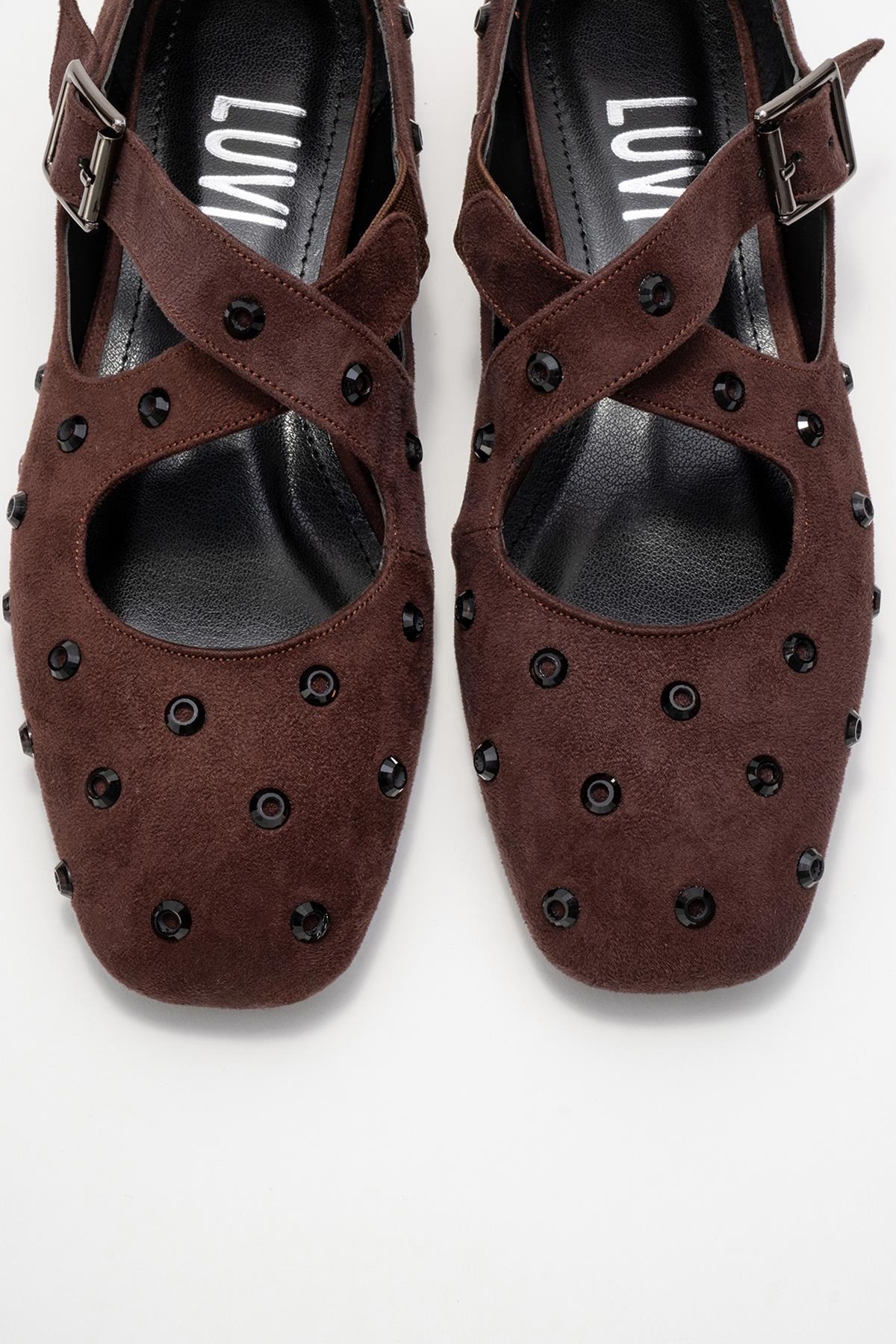 Addison - Brown Jeweled Cross-Strap Ballet Flat – side view showing leather, suede, Vowalisse