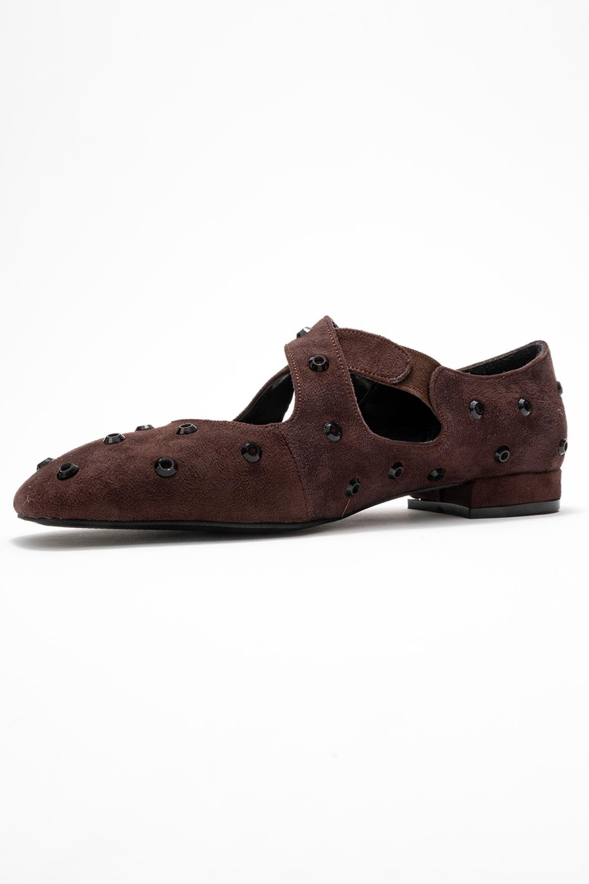 Addison - Brown Jeweled Cross-Strap Ballet Flat – heel view showing leather, suede, Vowalisse
