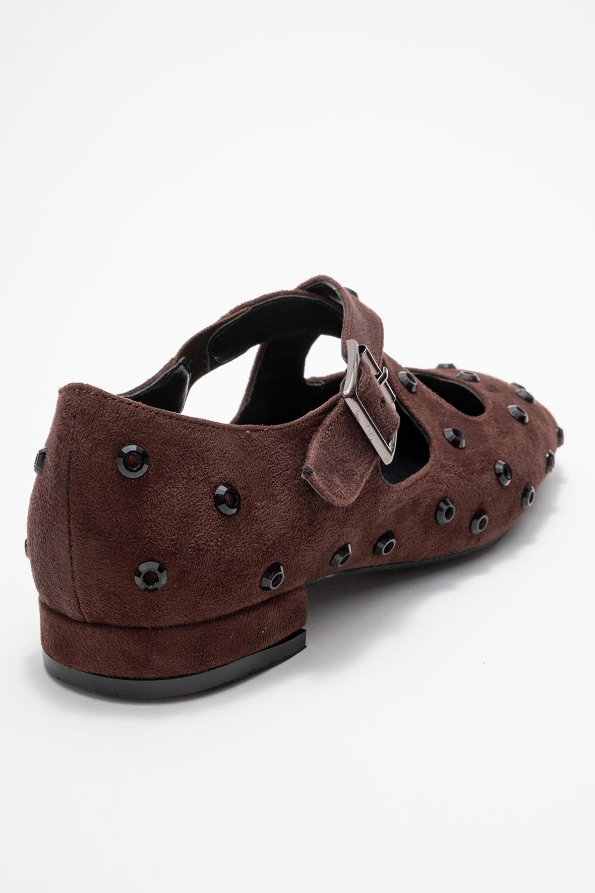Addison - Brown Jeweled Cross-Strap Ballet Flat – back view showing leather, suede, Vowalisse