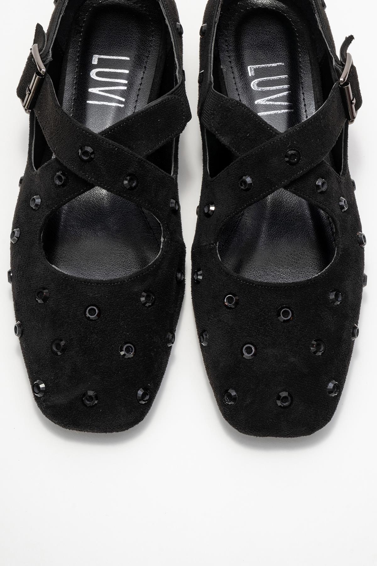 Addison - Black Jeweled Cross-Strap Ballet Flat – side view showing leather, suede, black, Vowalisse
