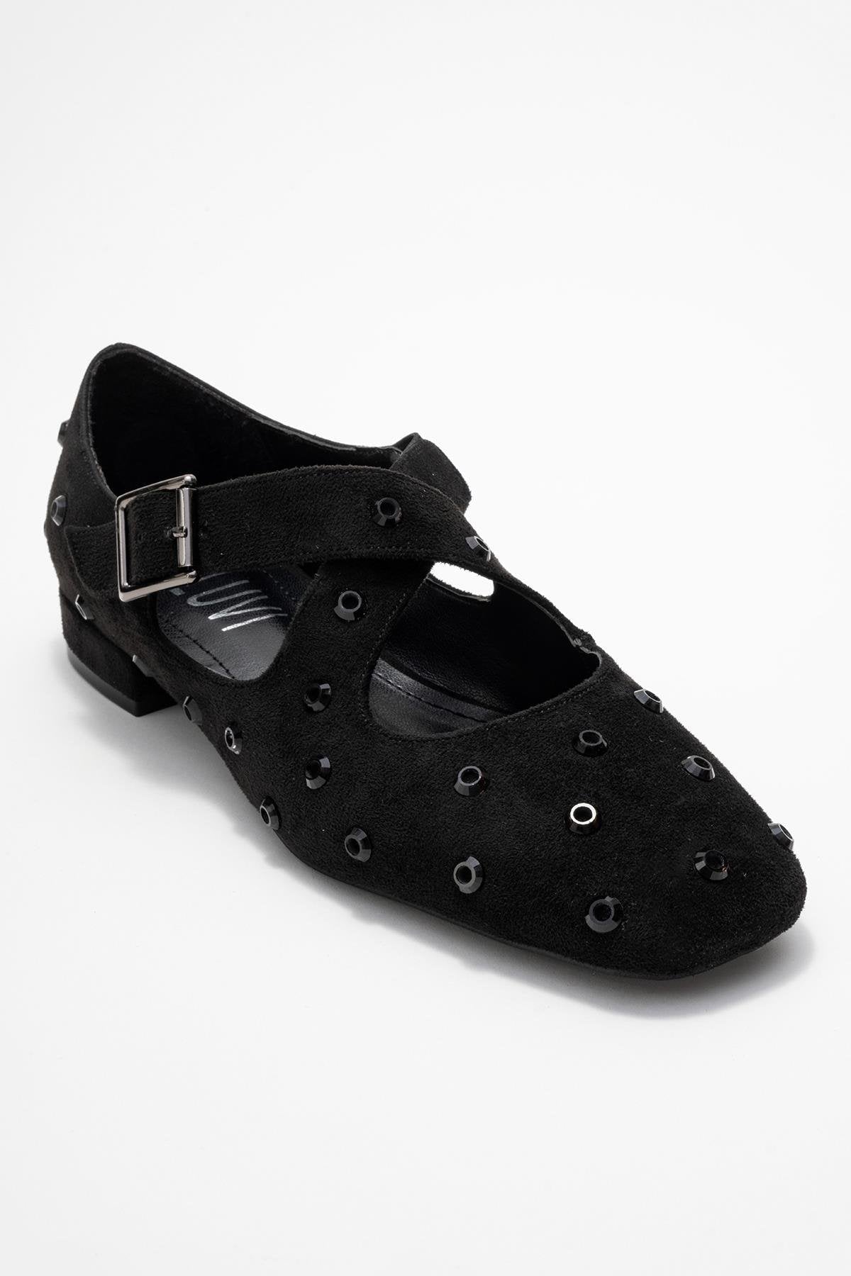 Addison - Black Jeweled Cross-Strap Ballet Flat – detail view showing leather, suede, black, Vowalisse