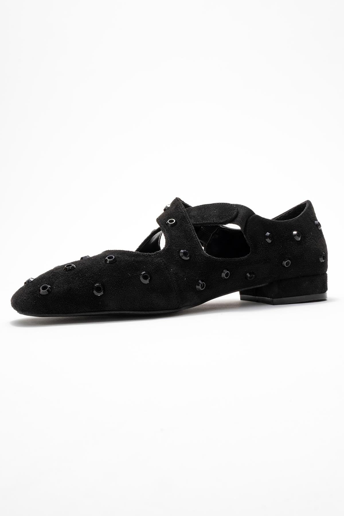 Addison - Black Jeweled Cross-Strap Ballet Flat – heel view showing leather, suede, black, Vowalisse